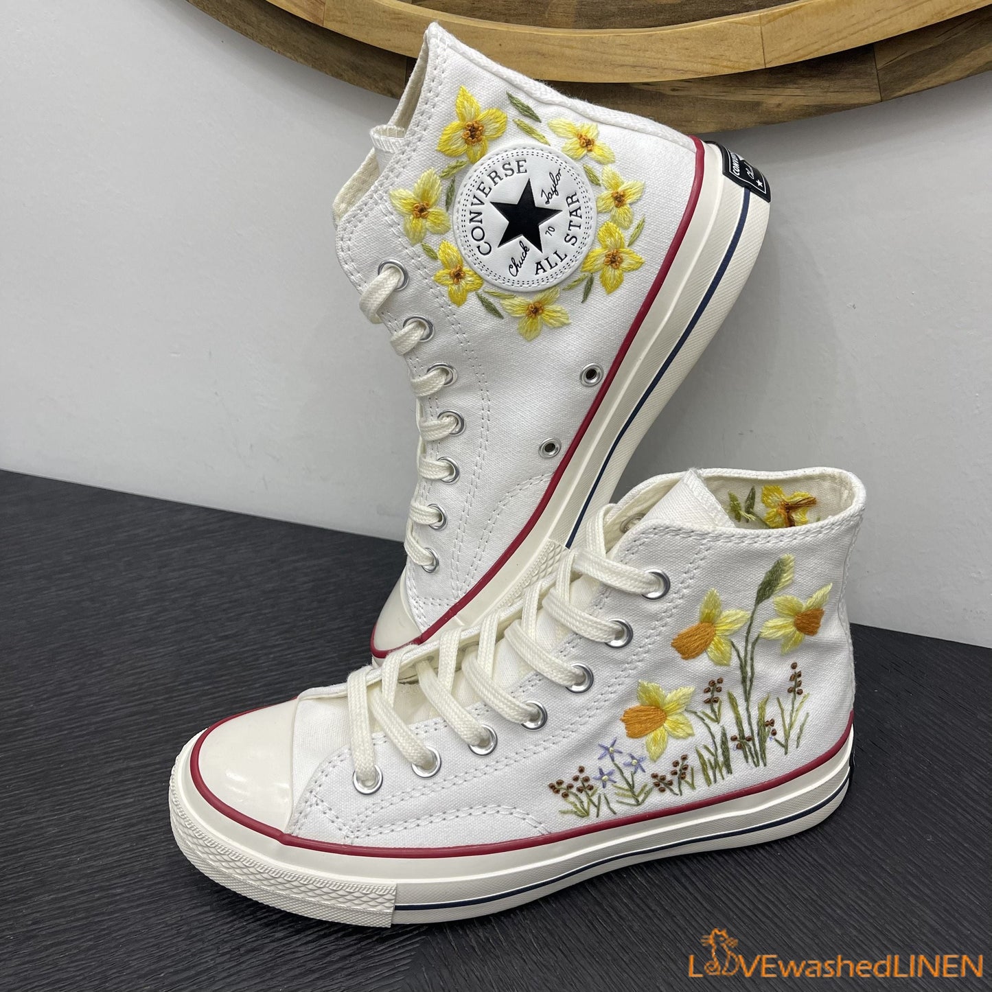 Custom Embroidered Converse High Tops Chuck Taylor 1970s/ Sweet Daffodil Converse/ Custom Daffodil Embroidered Converse Chuck Taylor