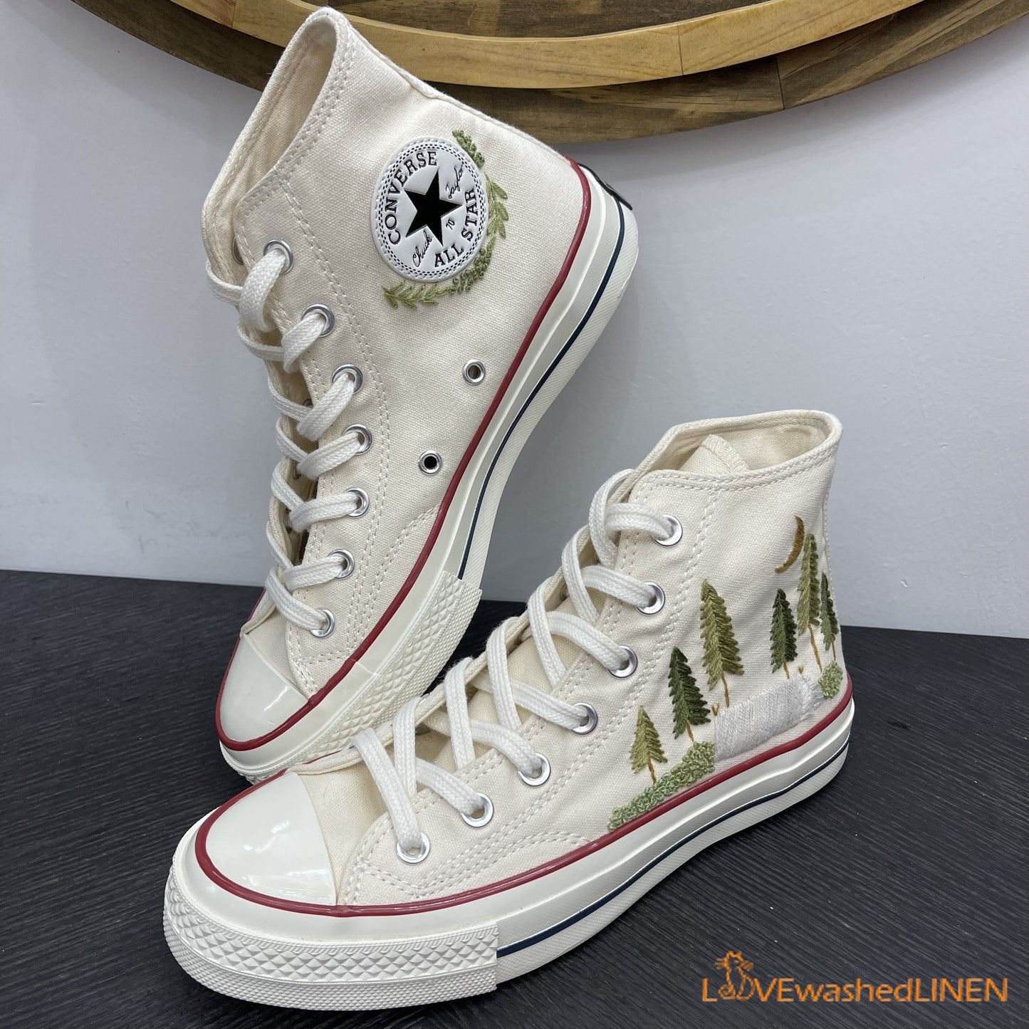 Custom Converse Chuck Taylor Embroidered Pine Trees/ Embroidered Converse Custom Wedding Embroidered Shoes/ Wedding Embroidered Sneakers