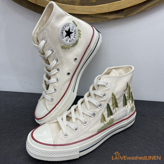 Custom Converse Chuck Taylor Embroidered Pine Trees/ Embroidered Converse Custom Wedding Embroidered Shoes/ Wedding Embroidered Sneakers