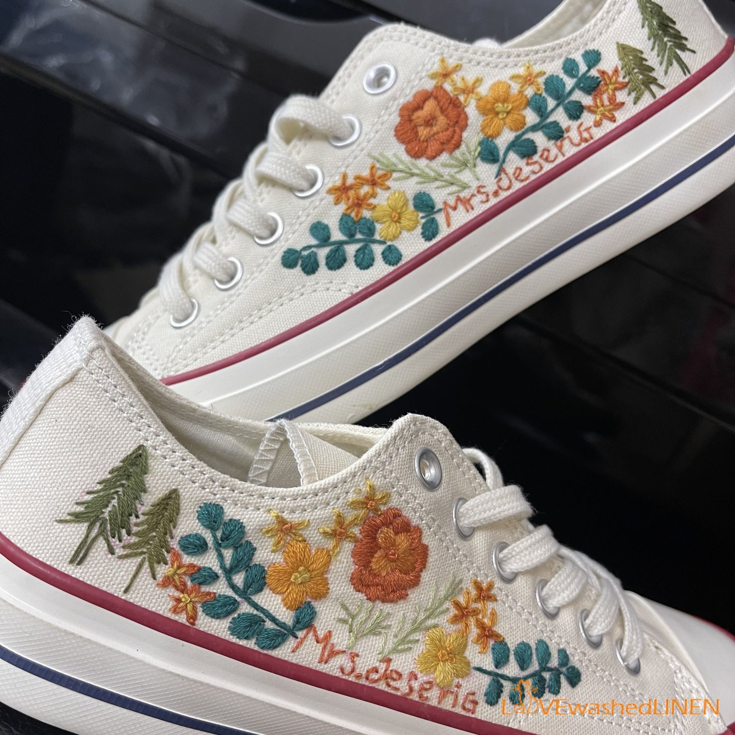 Custom Converse Chuck Taylor Embroidered / Wedding Flowers Embroidered Converse Low Tops / Wedding Pines Embroidered Sneakers