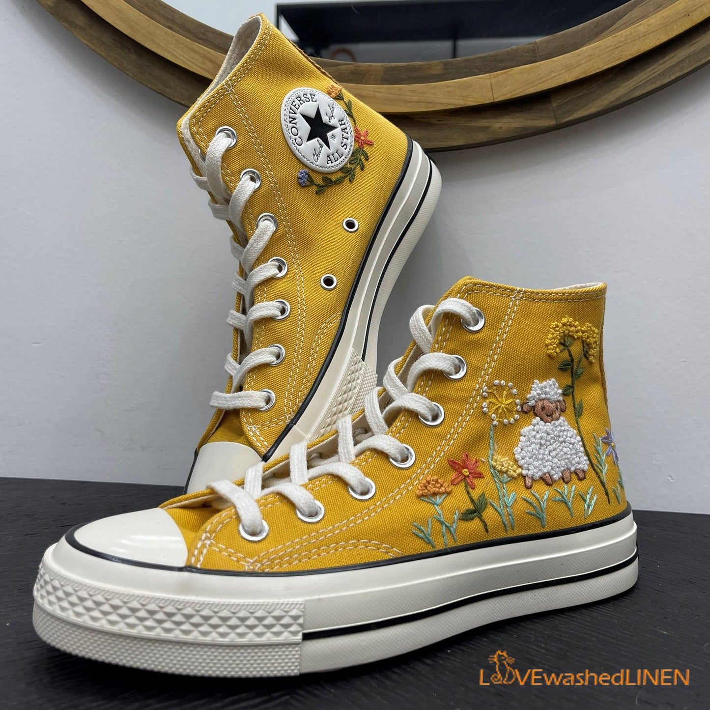 Custom Converse Chuck Taylor Sheep and Flowers Embroidered Shoes/ Embroidered Converse Custom Wedding Flowers