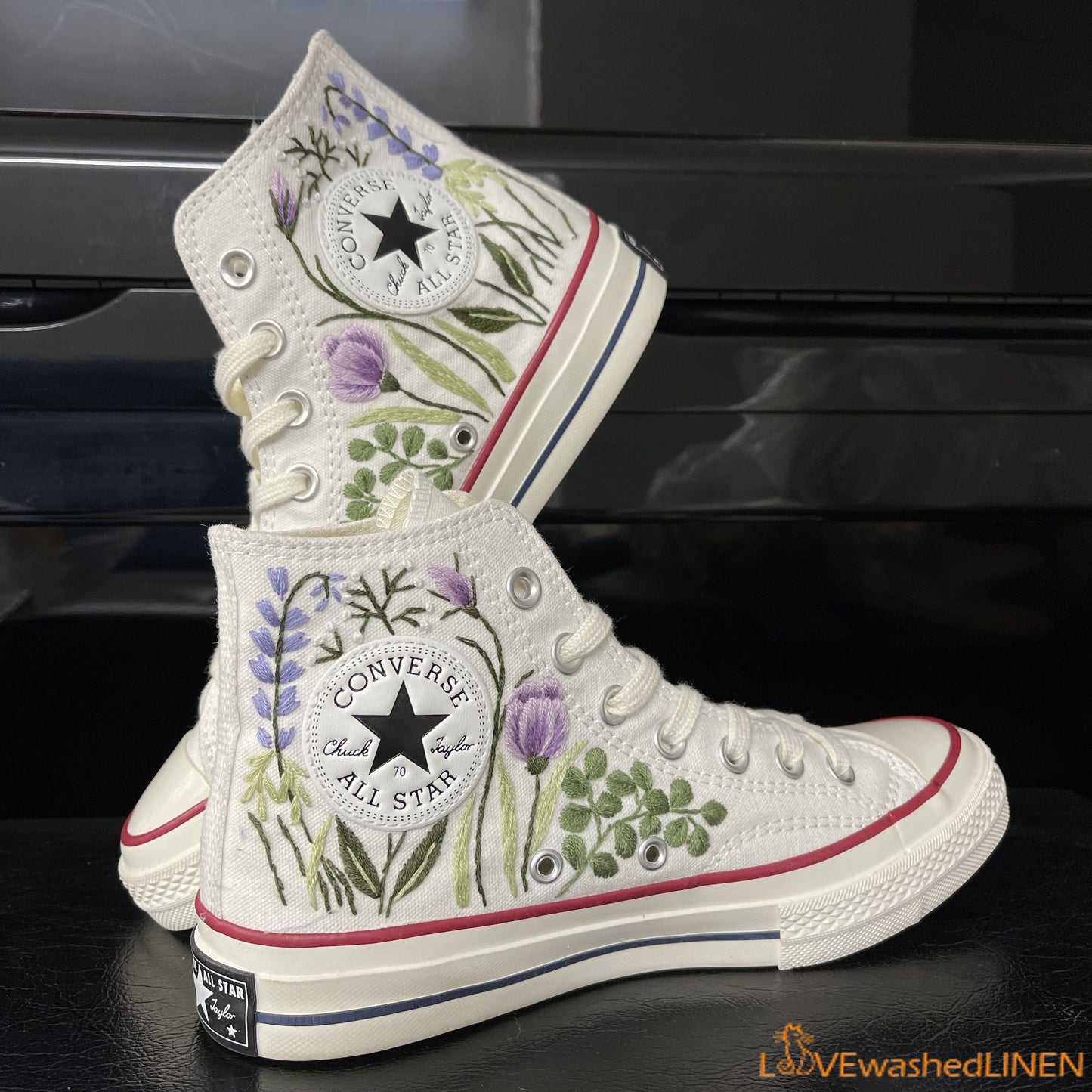 Custom Embroidered Converse High Tops Chuck Taylor 1970s/ Hand Embroidered Wedding Bouquet Converse/ Embroidered Wedding Bouquet Sneakers