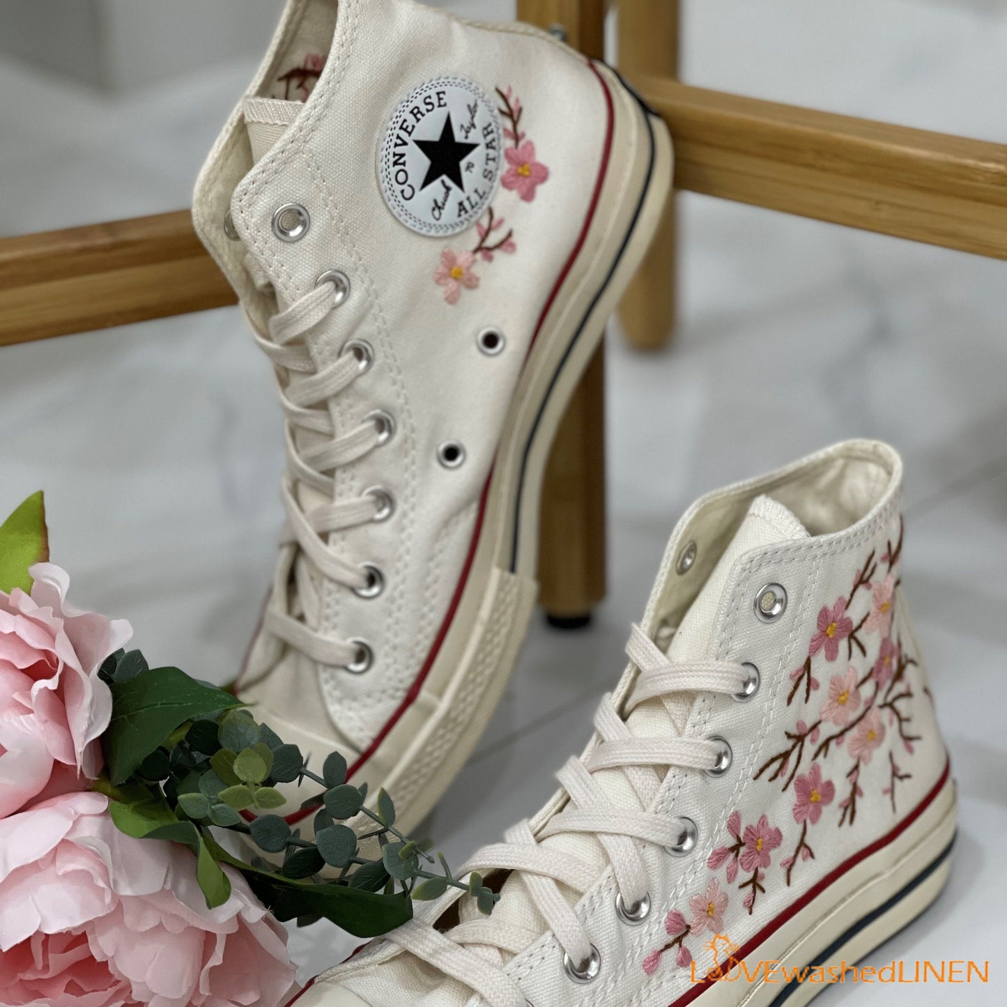 Custom Embroidered Converse High Tops Chuck Taylor 1970s/ Oriental Plum Blossom Converse/ Custom Converse Chuck Taylor Blossom Embroidered