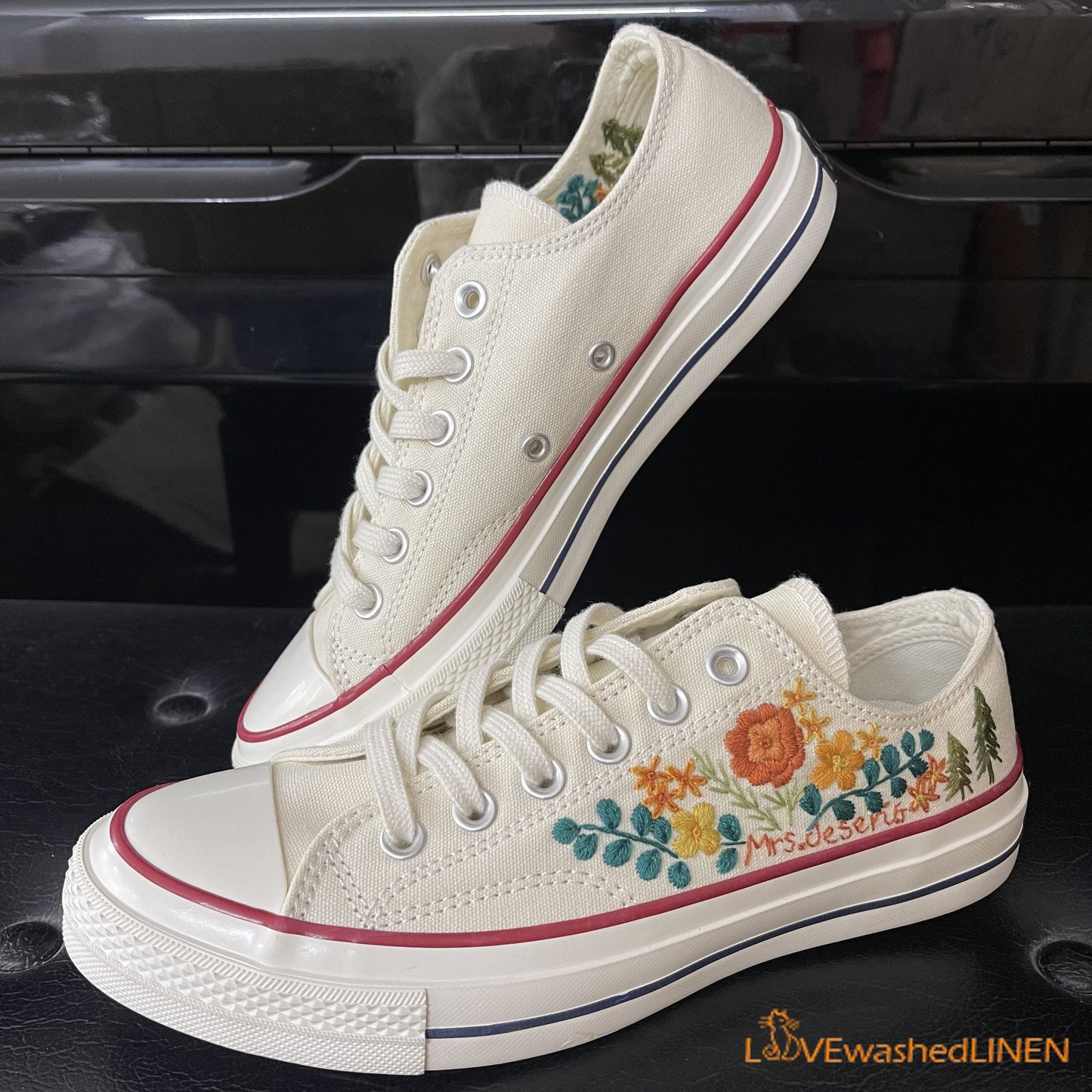 Custom Converse Chuck Taylor Embroidered / Wedding Flowers Embroidered Converse Low Tops / Wedding Pines Embroidered Sneakers