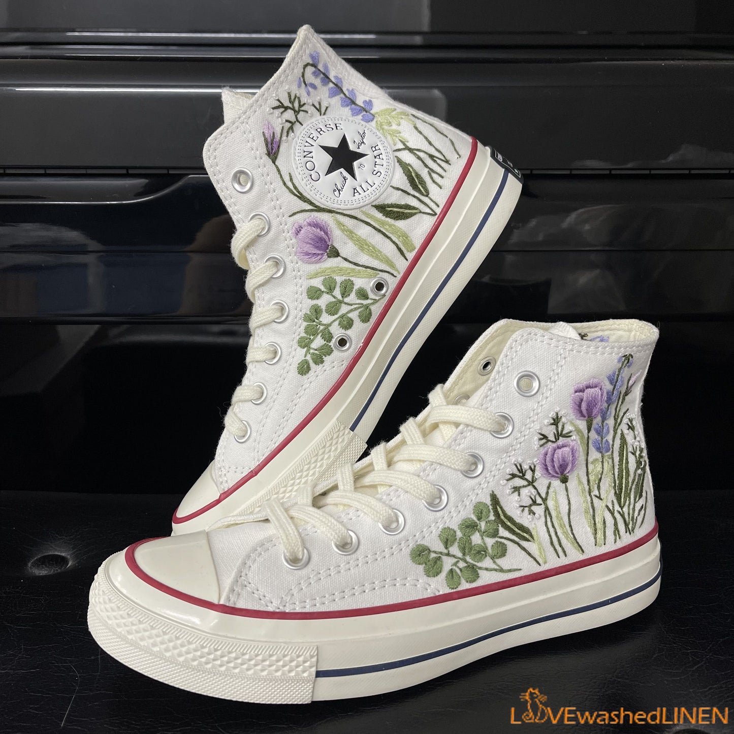 Custom Embroidered Converse High Tops Chuck Taylor 1970s/ Hand Embroidered Wedding Bouquet Converse/ Embroidered Wedding Bouquet Sneakers