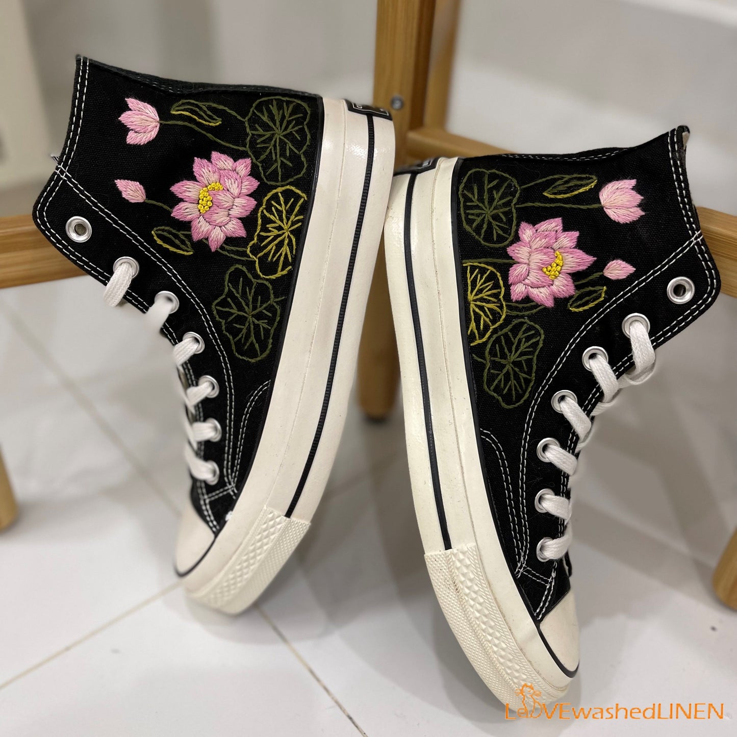 Custom Converse Chuck Taylor Embroidered Pink Lotus Flower/ Embroidered Converse Custom Wedding Flowers