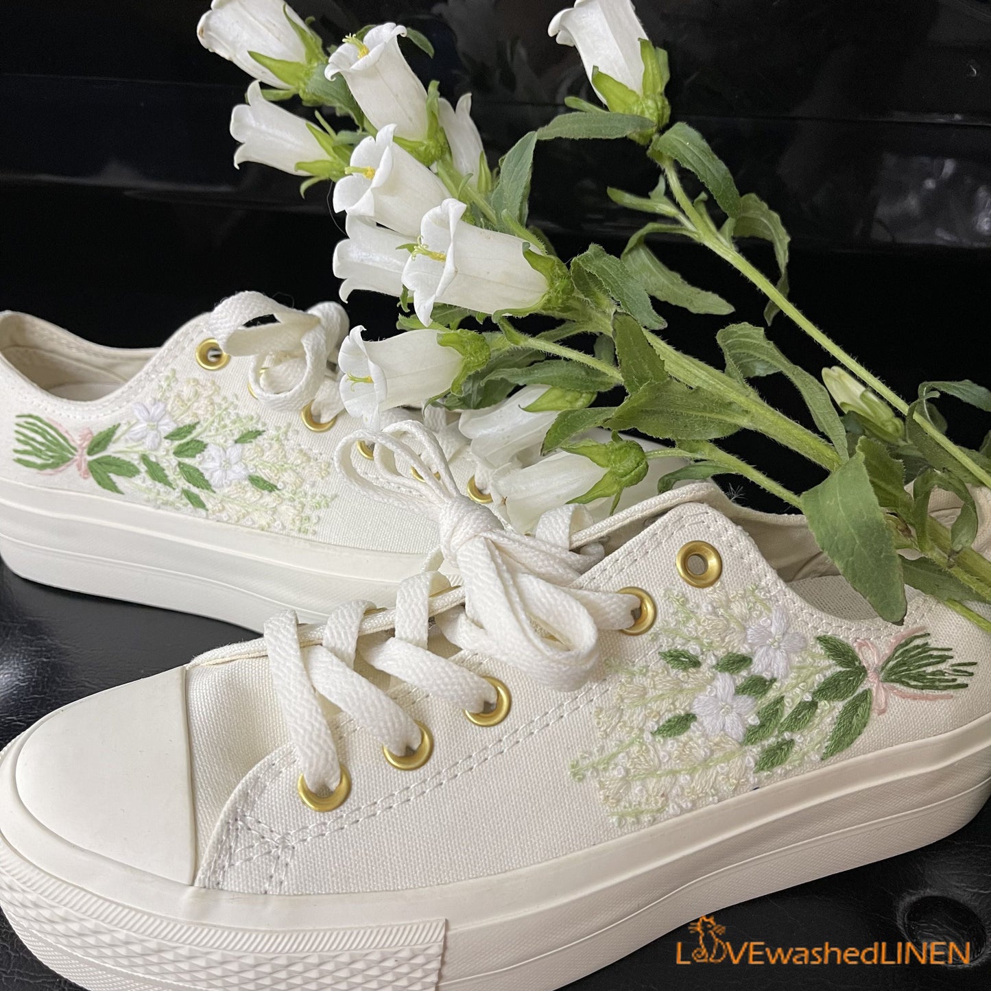 Custom Coverse Platform/ Wedding Flowers Embroidered Converse/ Bridal Flowers Embroidered Sneakers/ Lily of the Valley Embroidered Sneakers