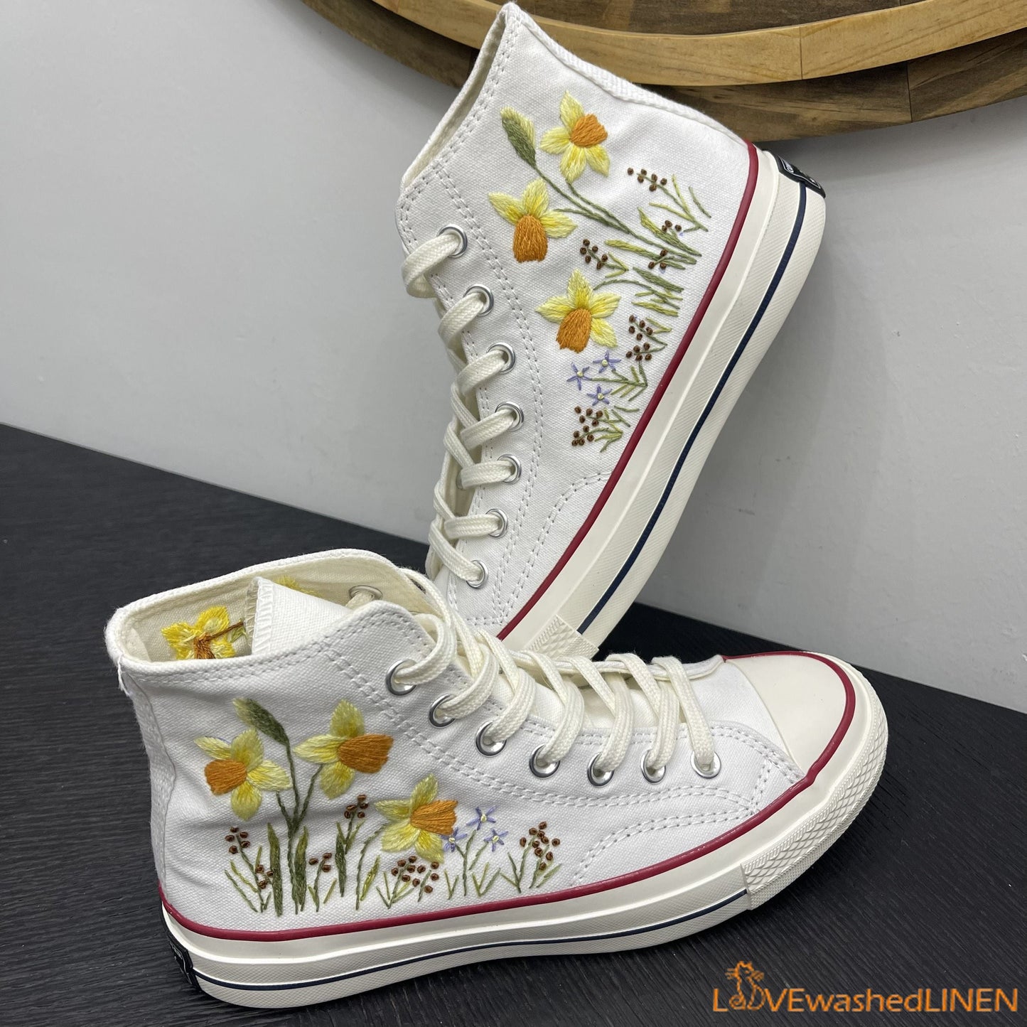 Custom Embroidered Converse High Tops Chuck Taylor 1970s/ Sweet Daffodil Converse/ Custom Daffodil Embroidered Converse Chuck Taylor