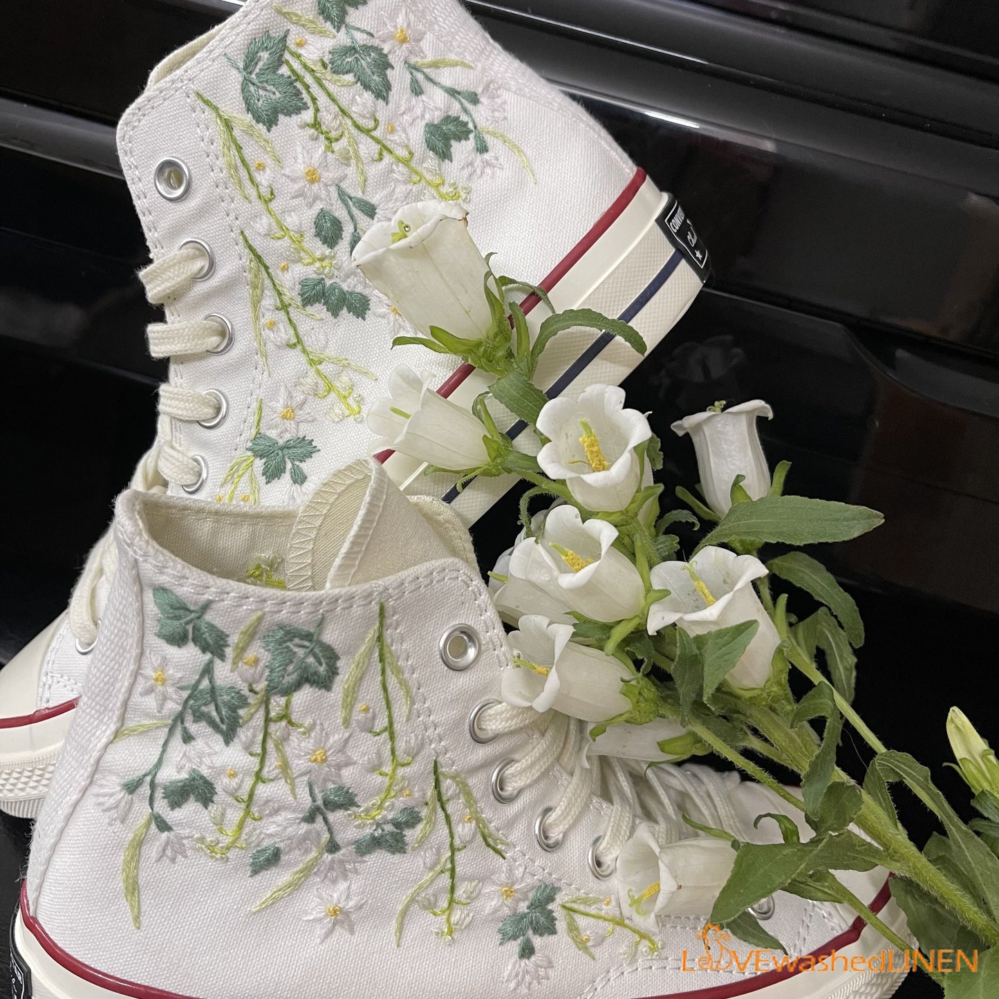 Custom Coverse Platform/Wedding Flowers Embroidered Converse/Bridal Flowers Embroidered Sneakers/Lily of the Valley Embroidered Sneakers