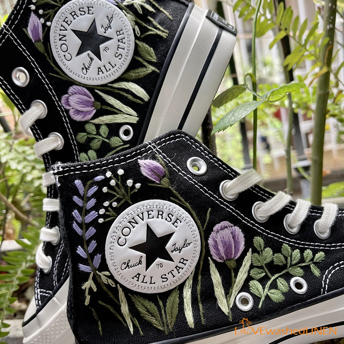 Custom Embroidered Converse High Tops Chuck Taylor 1970s/ Hand Embroidered Wedding Bouquet Converse/ Embroidered Wedding Bouquet Sneakers