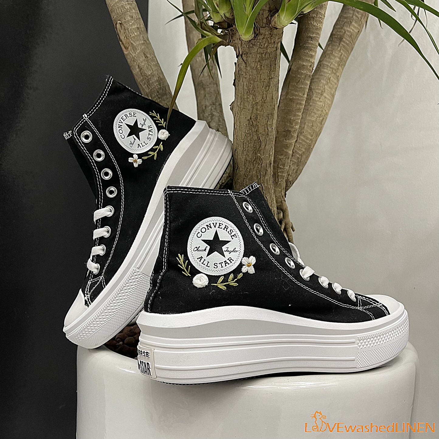 Custom Converse Chuck Taylor All Star Move Platform/ Custom Converse Embroidered Daisy Flower/ Embroidered Platform Sneakers