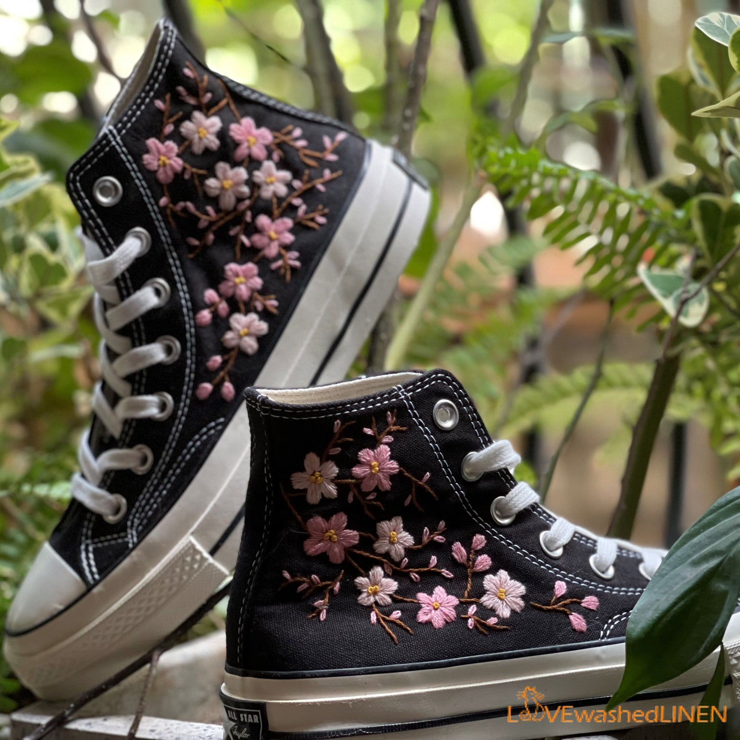 Custom Embroidered Converse High Tops Chuck Taylor 1970s/ Oriental Plum Blossom Converse/ Custom Converse Chuck Taylor Blossom Embroidered