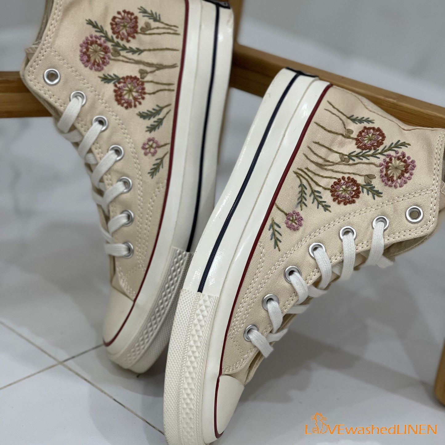 Custom Embroidered Converse/ Custom Converse Chuck Taylor Embroidered Pink Dandelion Flower/ Embroidered Converse High Tops