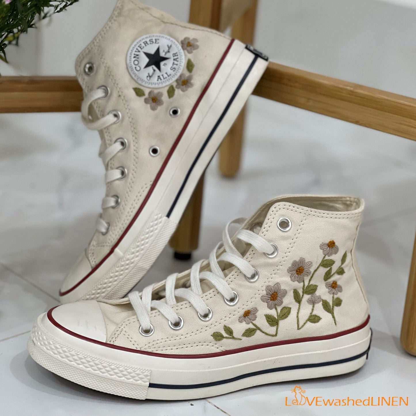 Custom Embroidered Converse High Tops/ Custom Converse Chuck Taylor 1970s Embroidered Daisy Flower/ Wedding sneakers/ Wedding Gift