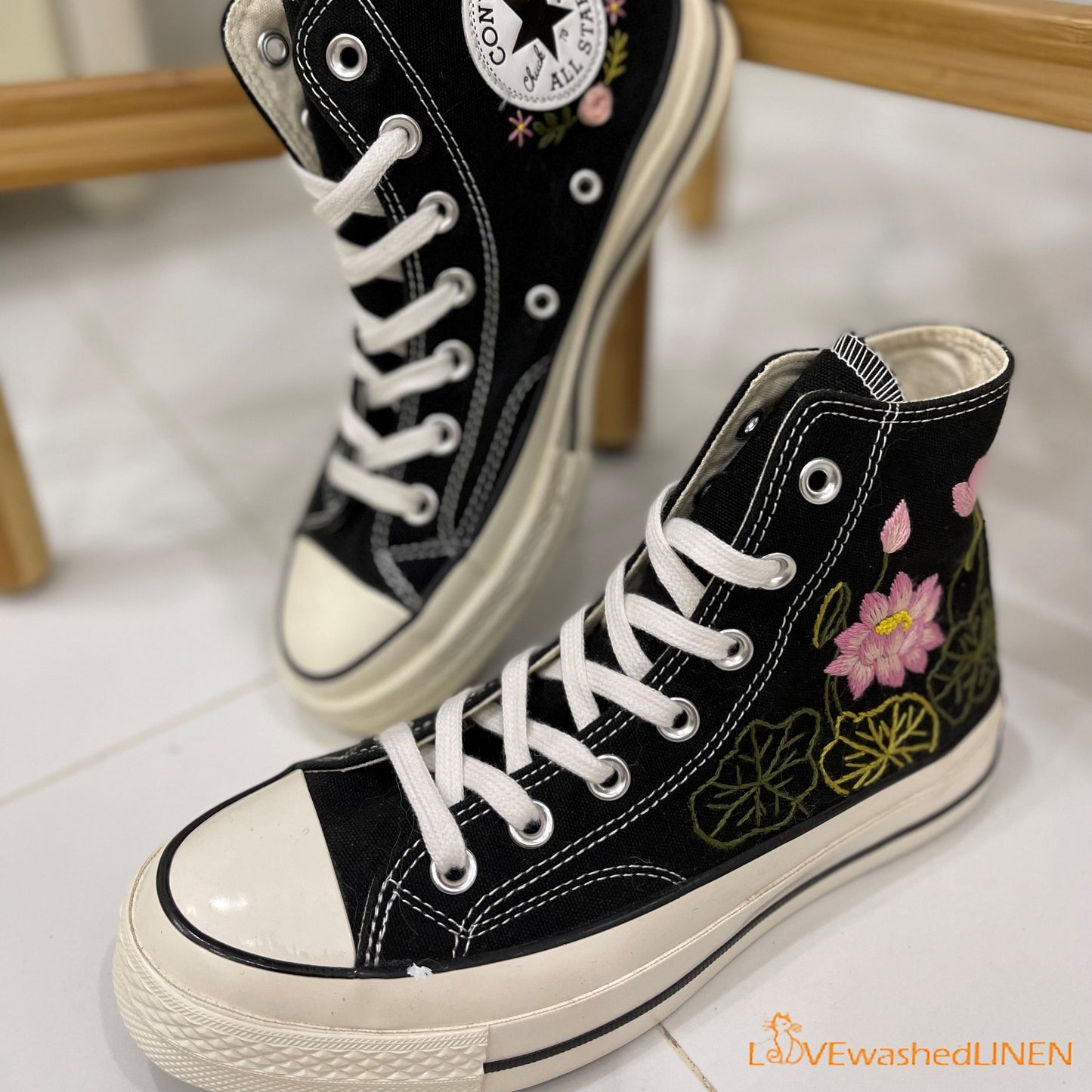 Custom Converse Chuck Taylor Embroidered Pink Lotus Flower/ Embroidered Converse Custom Wedding Flowers