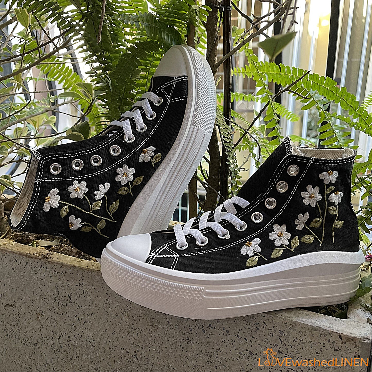 Custom Converse Chuck Taylor All Star Move Platform/ Custom Converse Embroidered Daisy Flower/ Embroidered Platform Sneakers