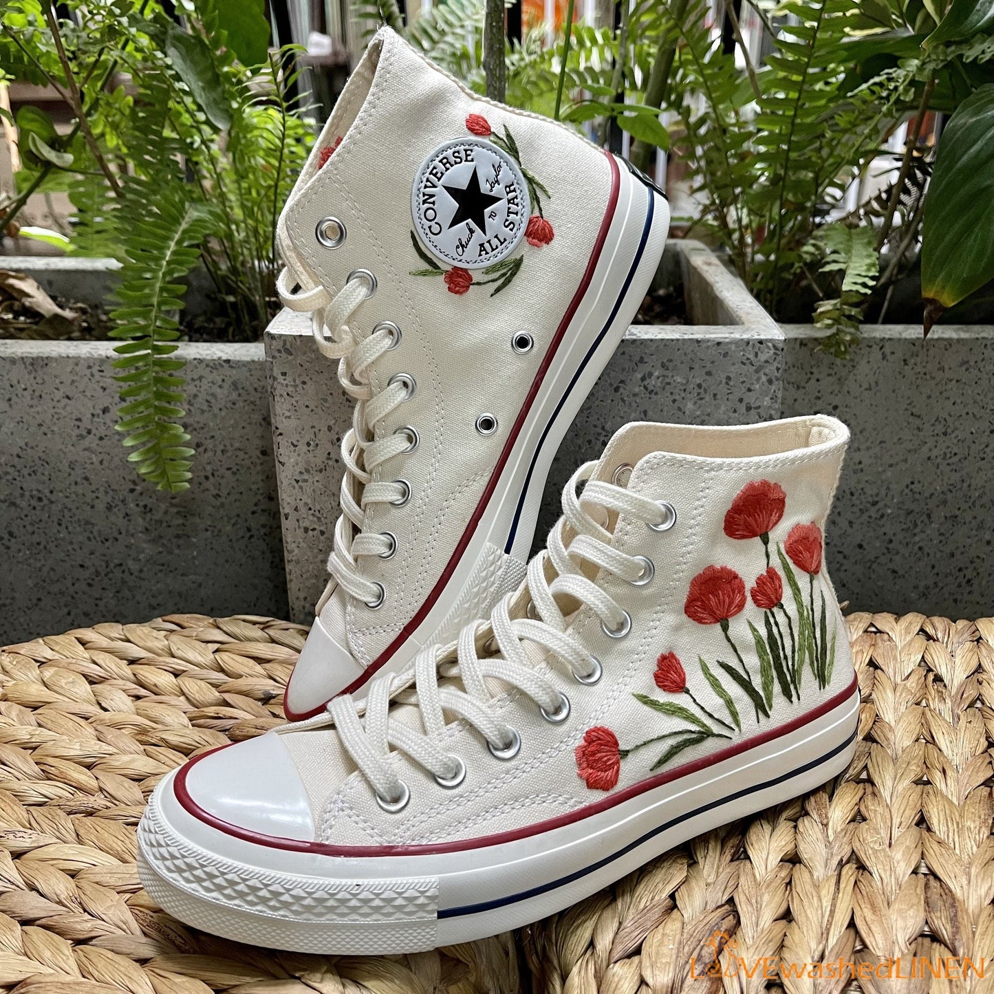 Custom Embroidered Converse High Tops Chuck Taylor 1970s/ Wedding Hand Embroidered Poppies Converse/ Embroidered Pooppies Flowers Sneakers