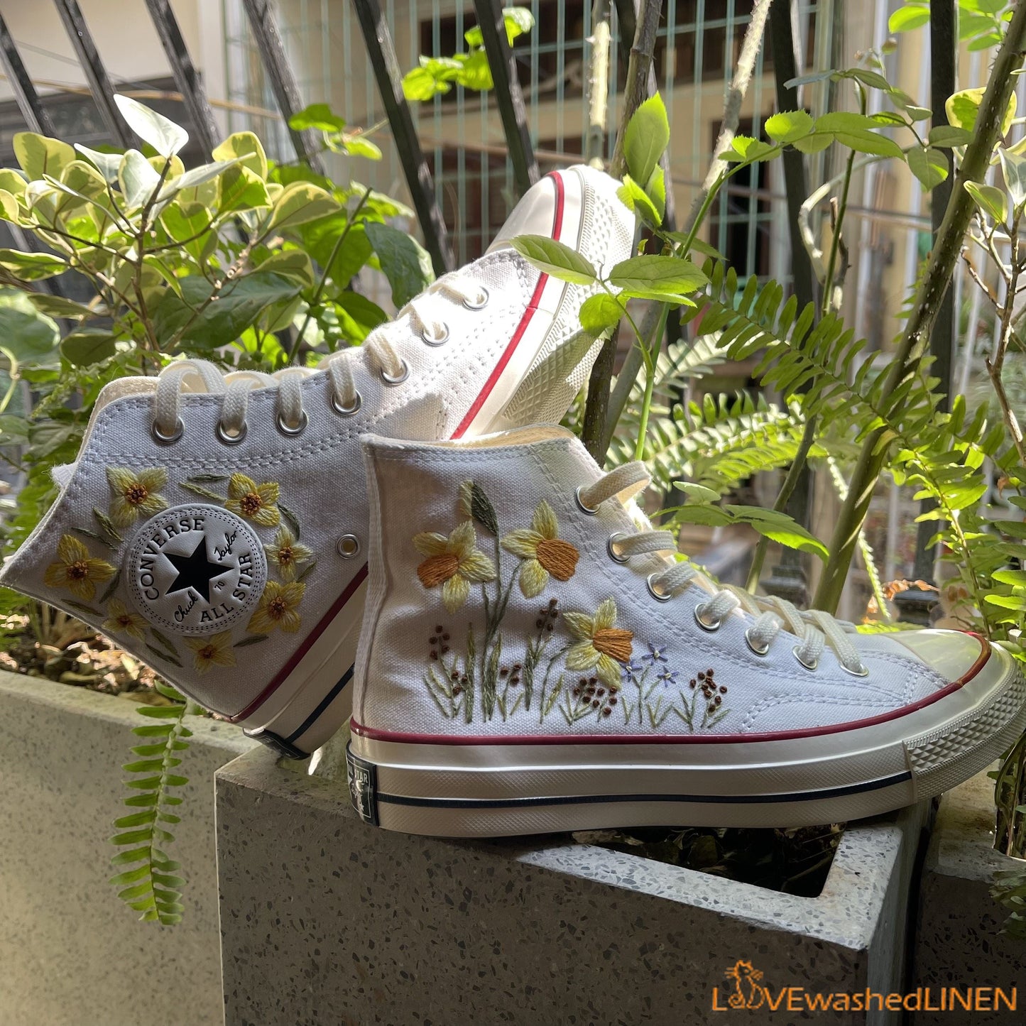 Custom Embroidered Converse High Tops Chuck Taylor 1970s/ Sweet Daffodil Converse/ Custom Daffodil Embroidered Converse Chuck Taylor