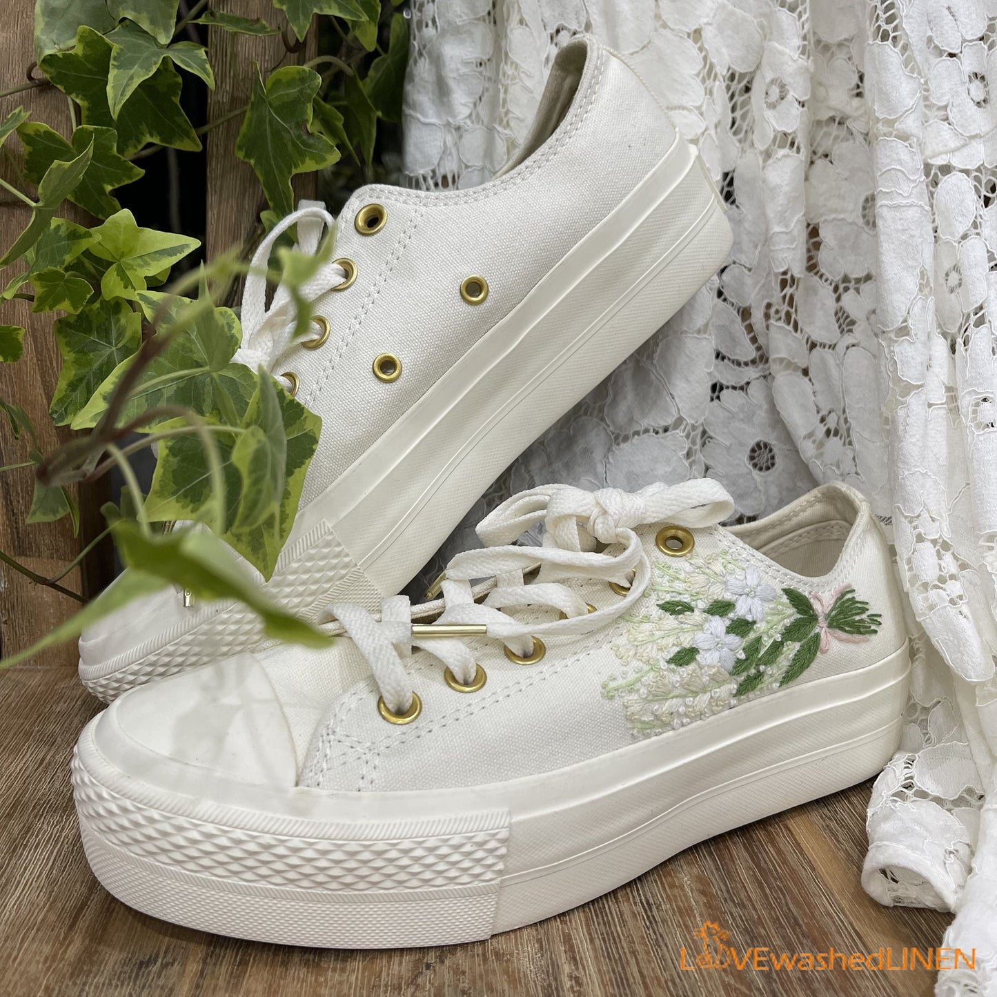 Custom Coverse Platform/ Wedding Flowers Embroidered Converse/ Bridal Flowers Embroidered Sneakers/ Lily of the Valley Embroidered Sneakers