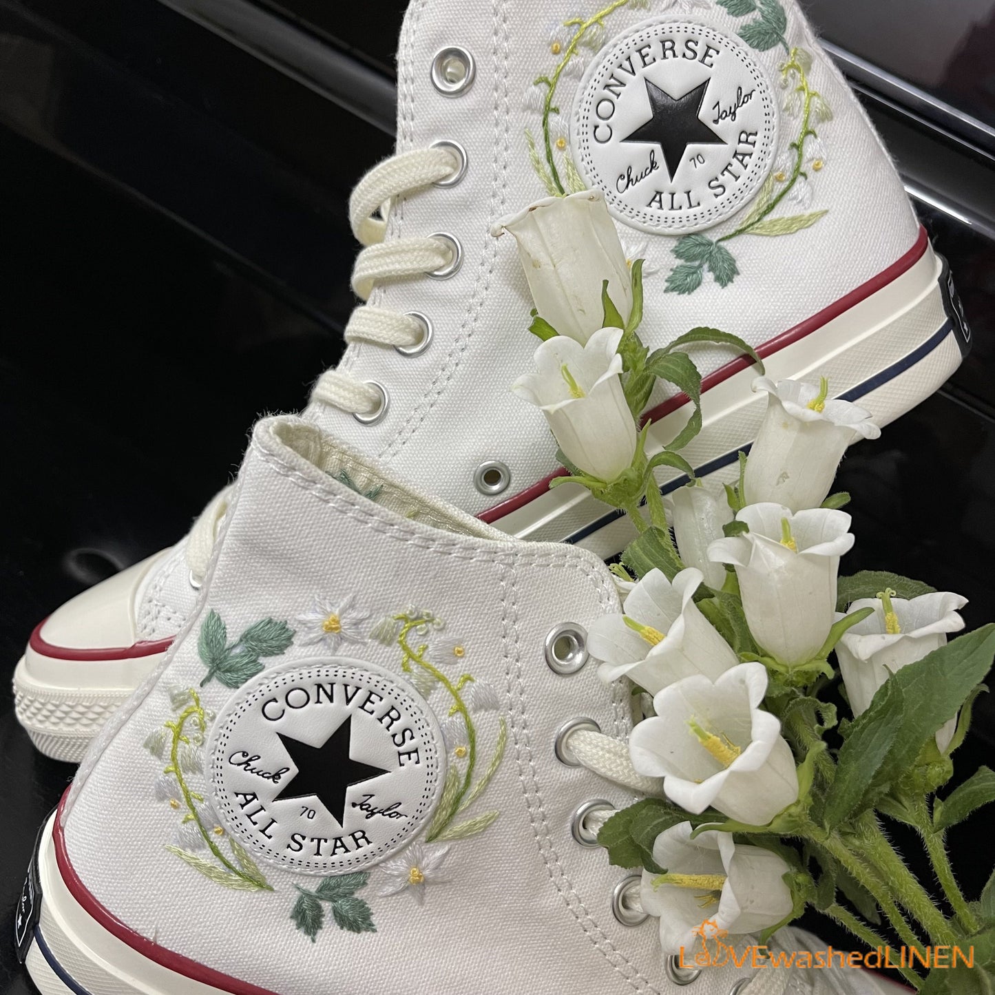 Custom Coverse Platform/Wedding Flowers Embroidered Converse/Bridal Flowers Embroidered Sneakers/Lily of the Valley Embroidered Sneakers