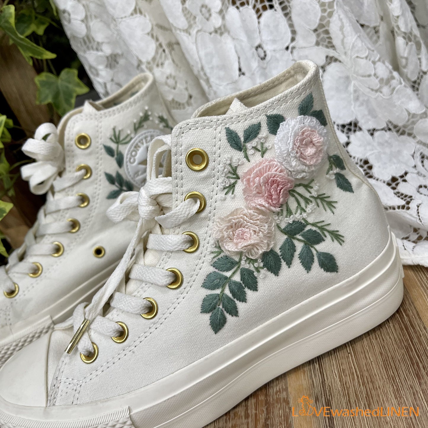 Custom Coverse Platform/Wedding Flowers Embroidered Converse/Bridal Flowers Embroidered Sneakers/Wedding English Roses Embroidered Sneakers