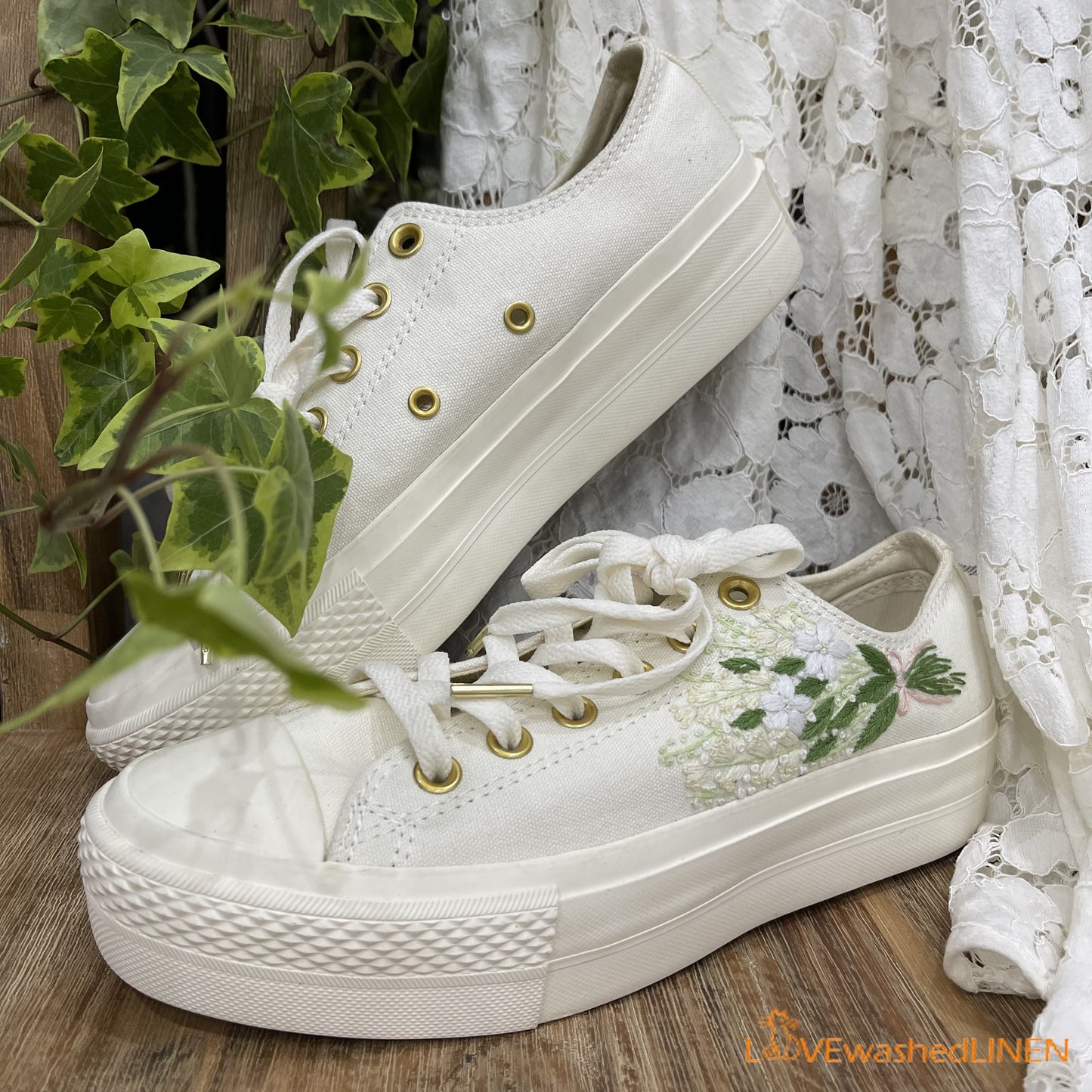 Custom Coverse Platform/Wedding Flowers Embroidered Converse/Bridal Flowers Embroidered Sneakers/ Lily of the Valley Embroidered Sneakers