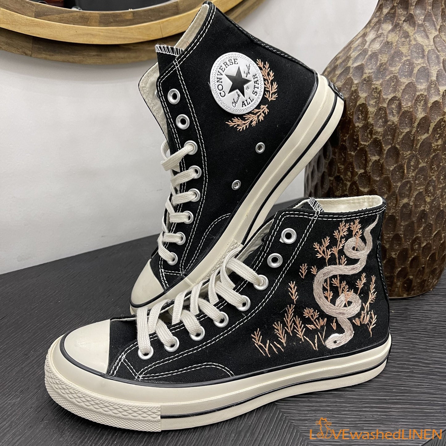 Custom Embroidered Converse High Tops Chuck Taylor 1970s/ Embroidered Snake Converse/ Custom Converse Chuck Taylor Embroidered Snake