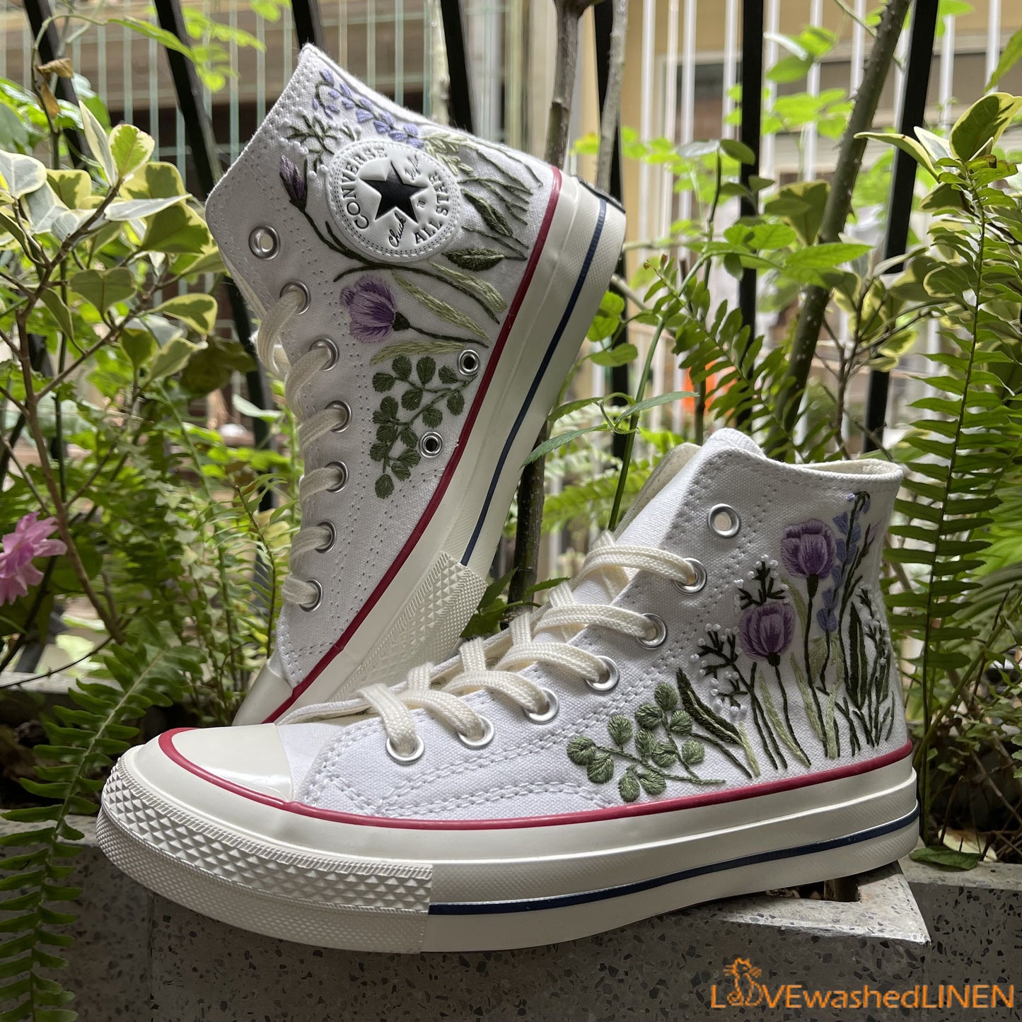 Custom Embroidered Converse High Tops Chuck Taylor 1970s/ Hand Embroidered Wedding Bouquet Converse/ Embroidered Wedding Bouquet Sneakers