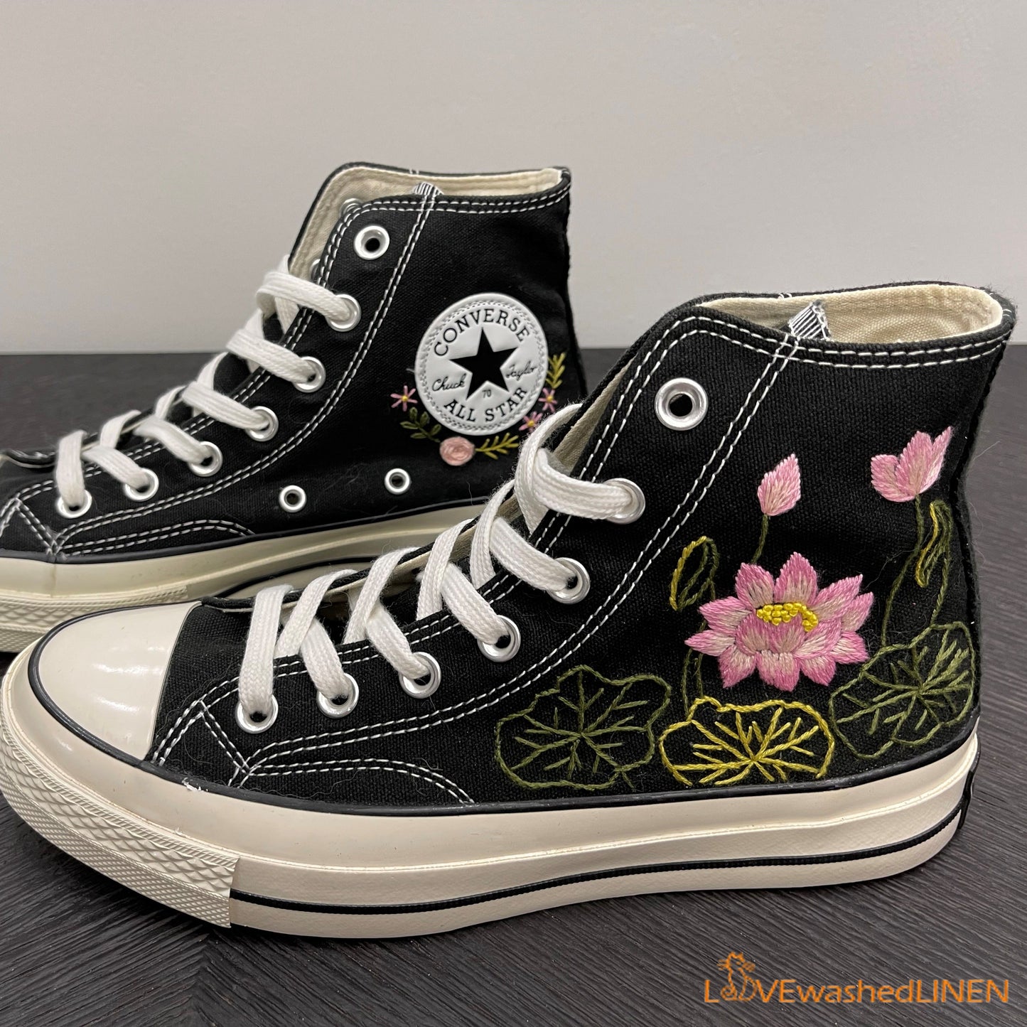 Custom Converse Chuck Taylor Embroidered Pink Lotus Flower/ Embroidered Converse Custom Wedding Flowers