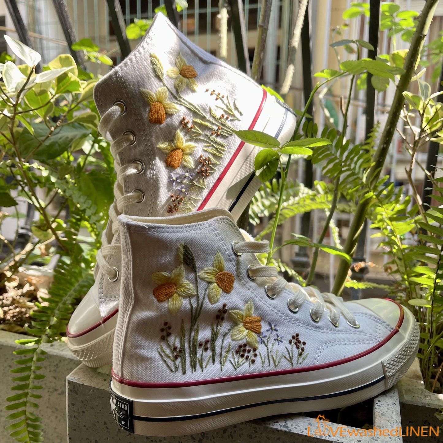 Custom Embroidered Converse High Tops Chuck Taylor 1970s/ Sweet Daffodil Converse/ Custom Daffodil Embroidered Converse Chuck Taylor