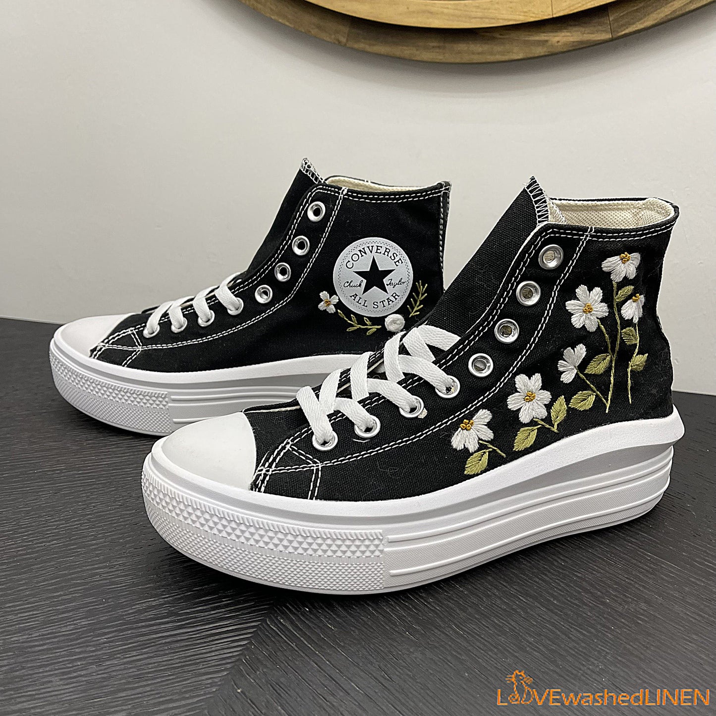 Custom Converse Chuck Taylor All Star Move Platform/ Custom Converse Embroidered Daisy Flower/ Embroidered Platform Sneakers