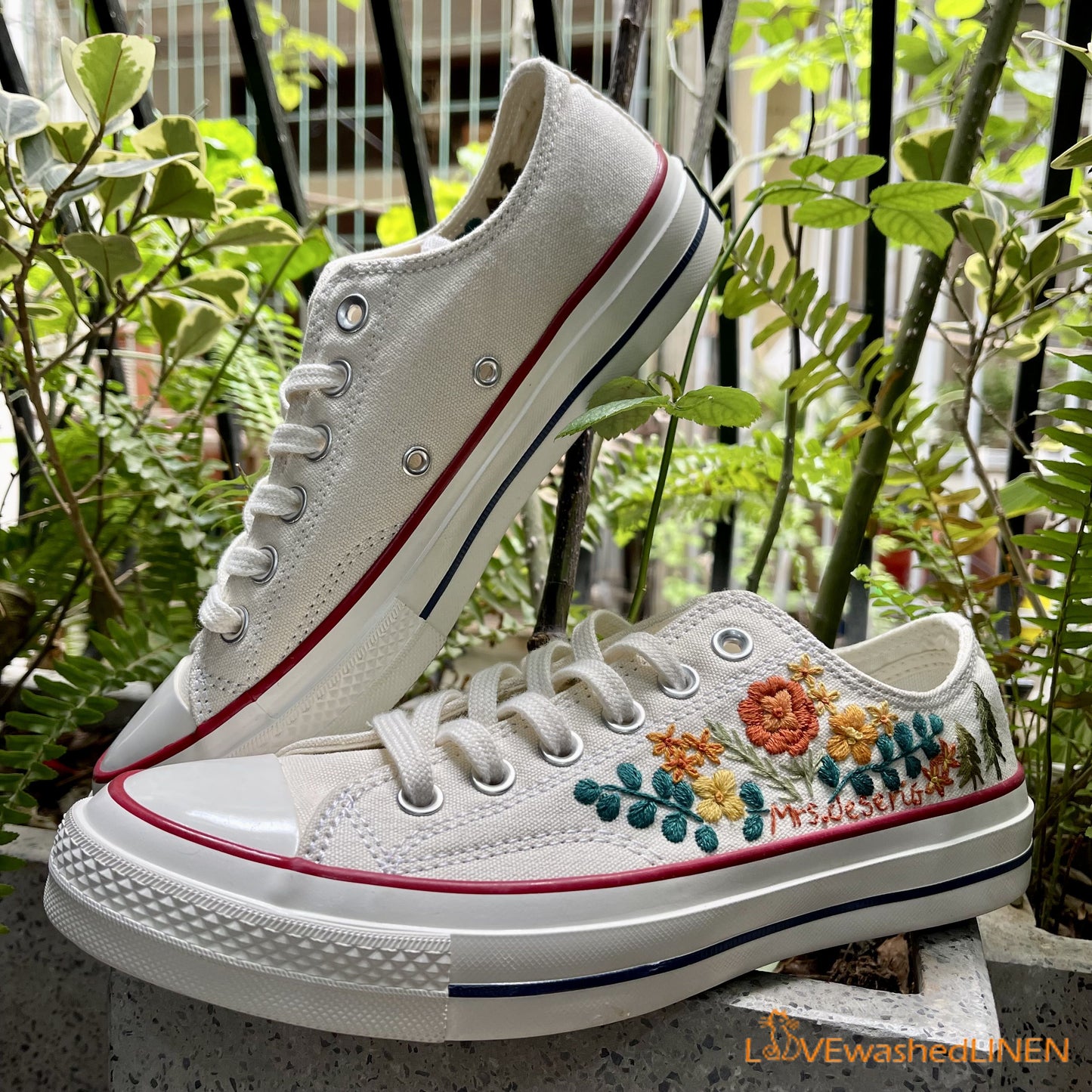 Custom Converse Chuck Taylor Embroidered / Wedding Flowers Embroidered Converse Low Tops / Wedding Pines Embroidered Sneakers