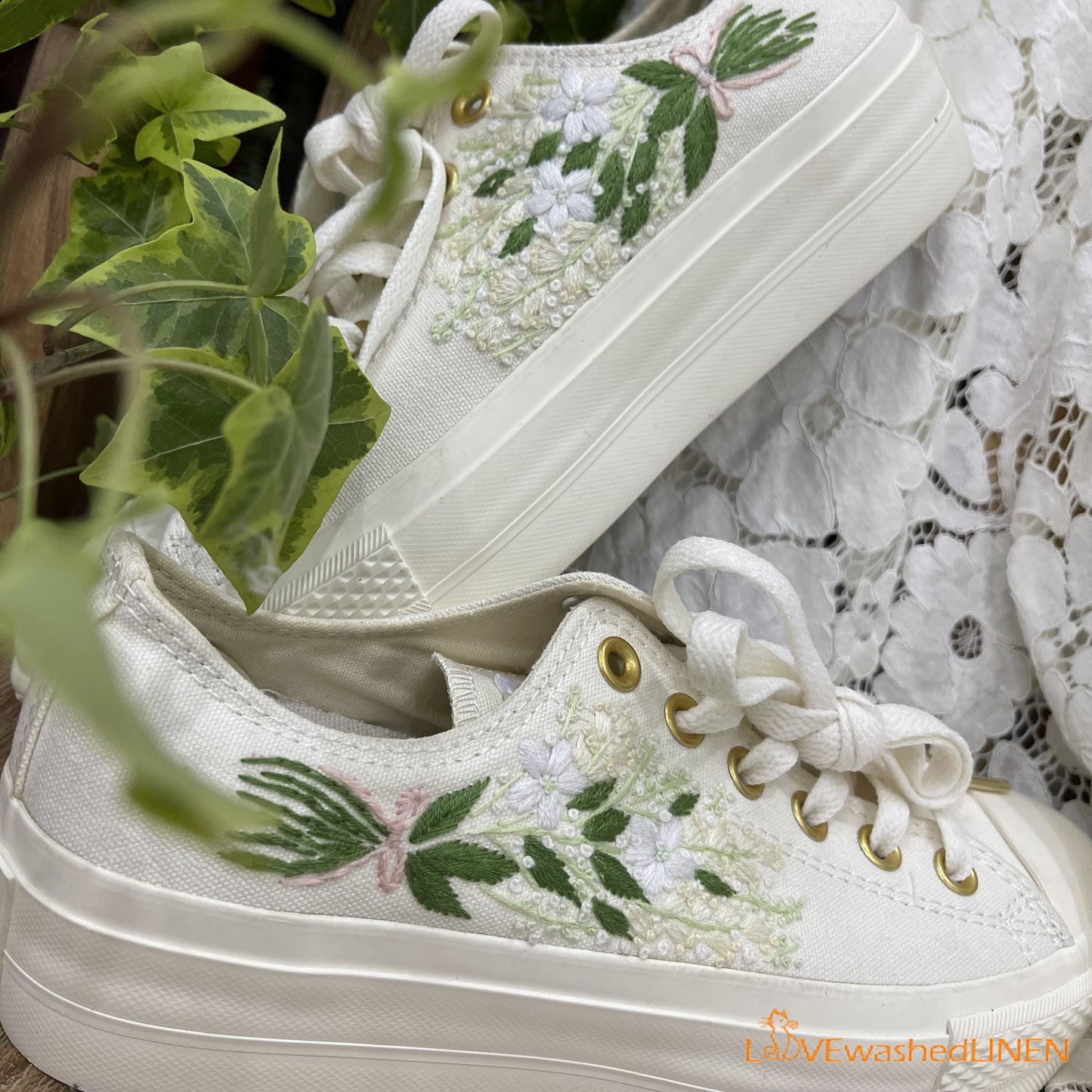 Custom Coverse Platform/Wedding Flowers Embroidered Converse/Bridal Flowers Embroidered Sneakers/ Lily of the Valley Embroidered Sneakers