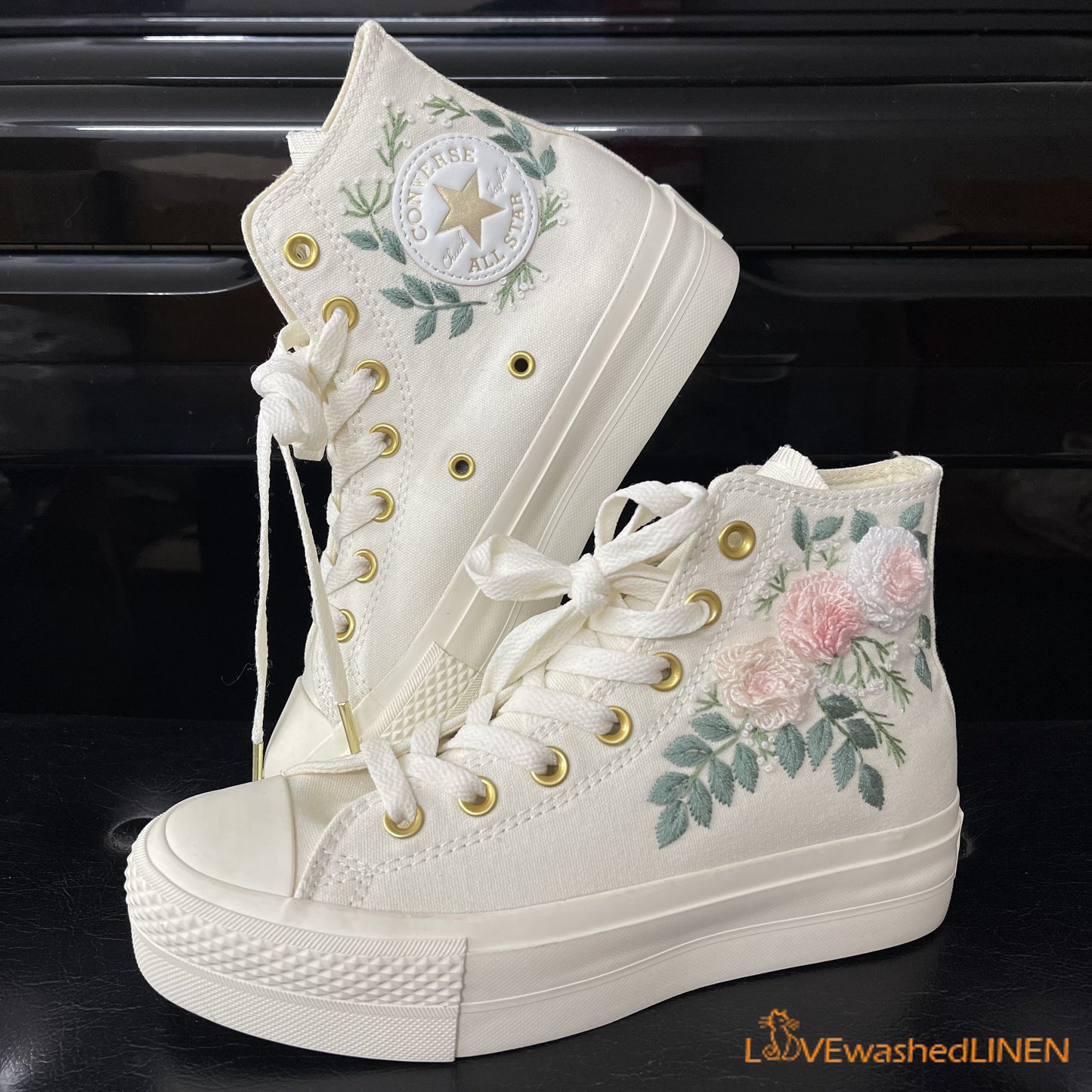 Custom Coverse Platform/Wedding Flowers Embroidered Converse/Bridal Flowers Embroidered Sneakers/Wedding English Roses Embroidered Sneakers