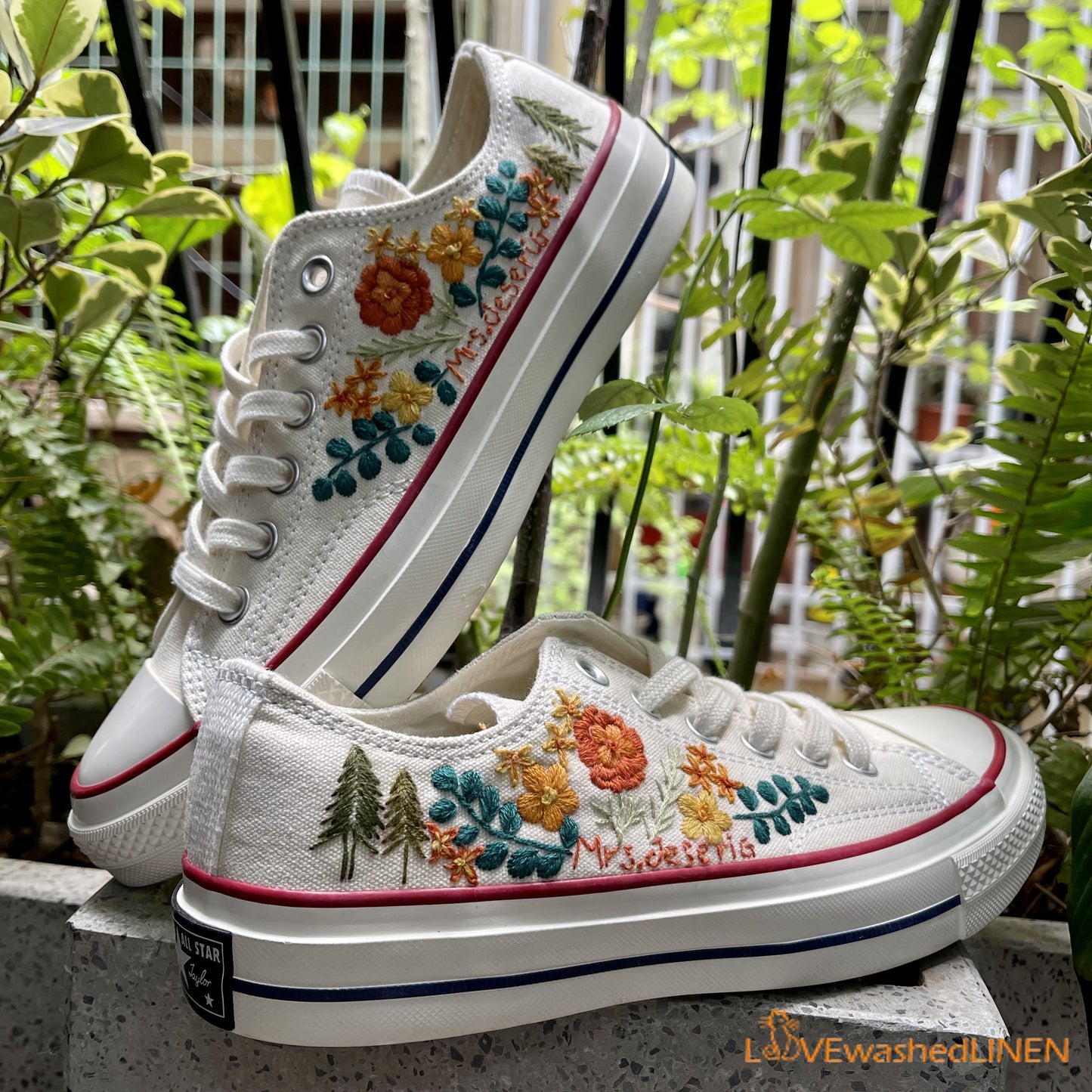 Custom Converse Chuck Taylor Embroidered / Wedding Flowers Embroidered Converse Low Tops / Wedding Pines Embroidered Sneakers