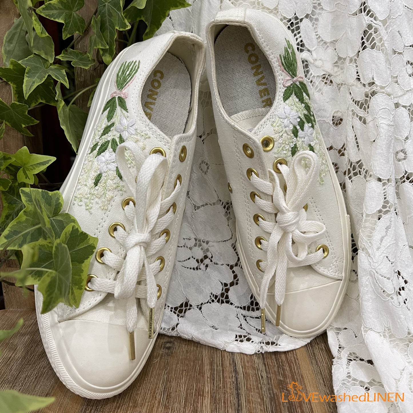 Custom Coverse Platform/Wedding Flowers Embroidered Converse/Bridal Flowers Embroidered Sneakers/ Lily of the Valley Embroidered Sneakers