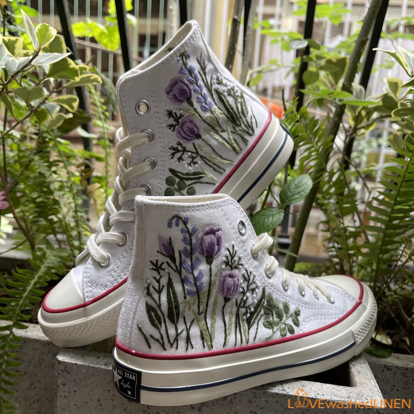 Custom Embroidered Converse High Tops Chuck Taylor 1970s/ Hand Embroidered Wedding Bouquet Converse/ Embroidered Wedding Bouquet Sneakers