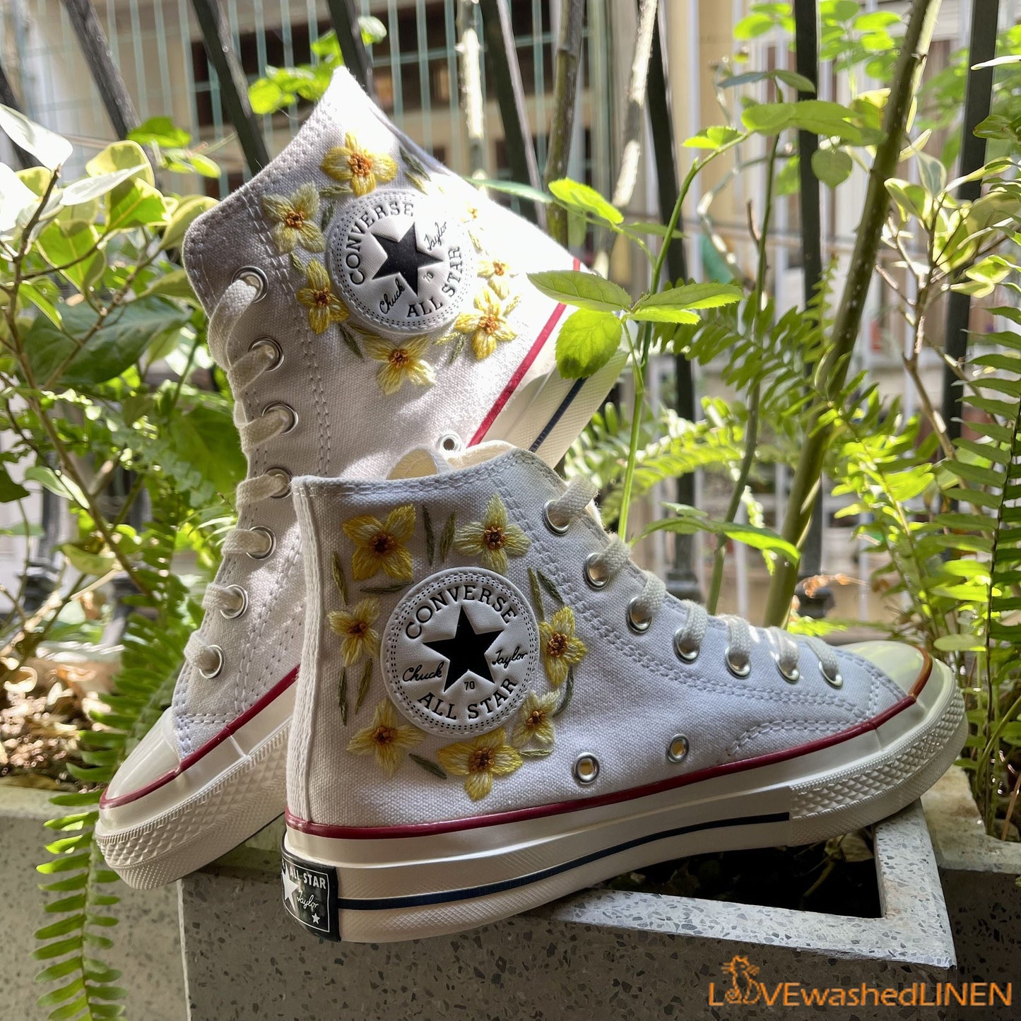 Custom Embroidered Converse High Tops Chuck Taylor 1970s/ Sweet Daffodil Converse/ Custom Daffodil Embroidered Converse Chuck Taylor