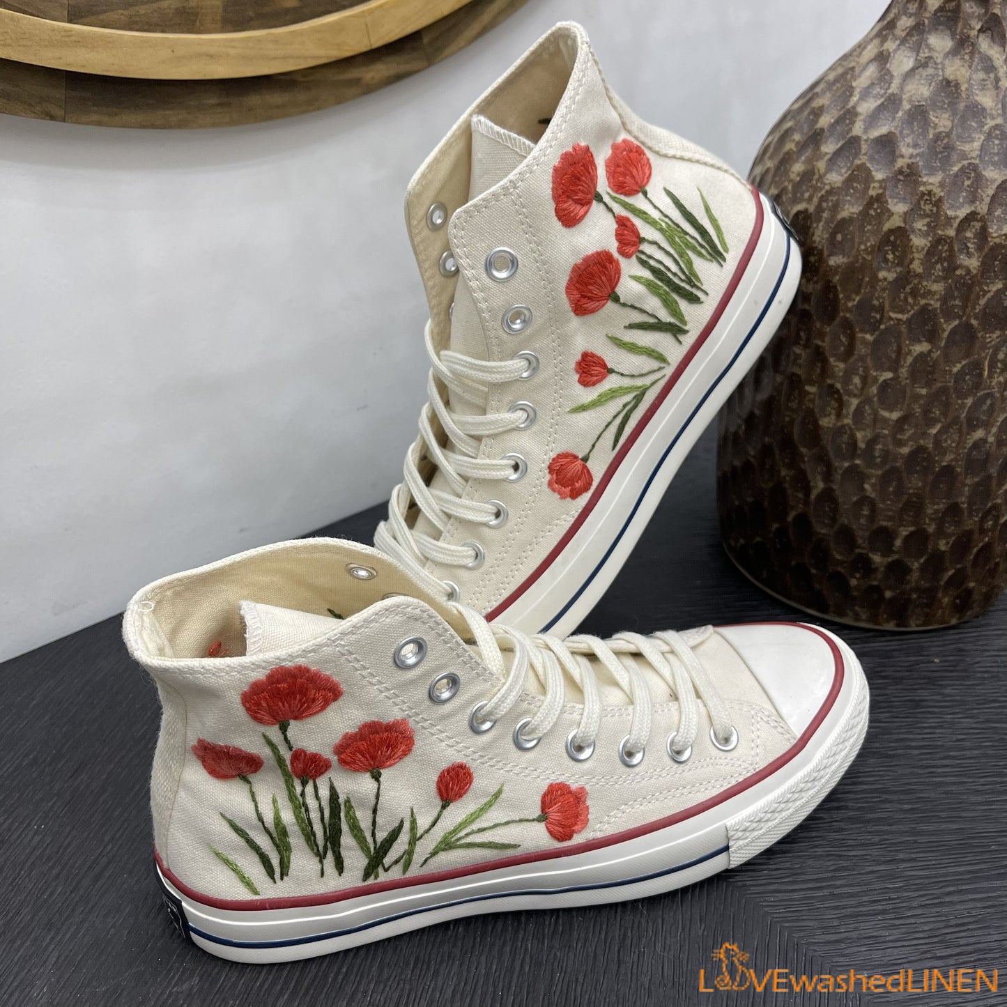 Custom Embroidered Converse High Tops Chuck Taylor 1970s/ Wedding Hand Embroidered Poppies Converse/ Embroidered Pooppies Flowers Sneakers