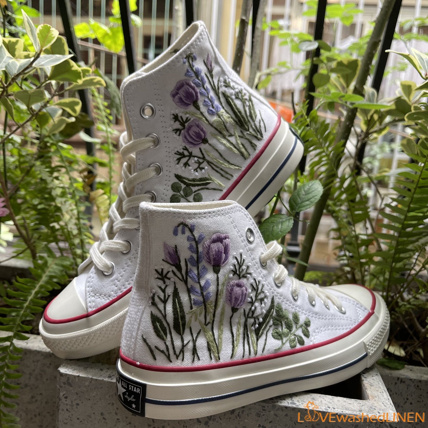 Custom Embroidered Converse High Tops Chuck Taylor 1970s/ Hand Embroidered Wedding Bouquet Converse/ Embroidered Wedding Bouquet Sneakers