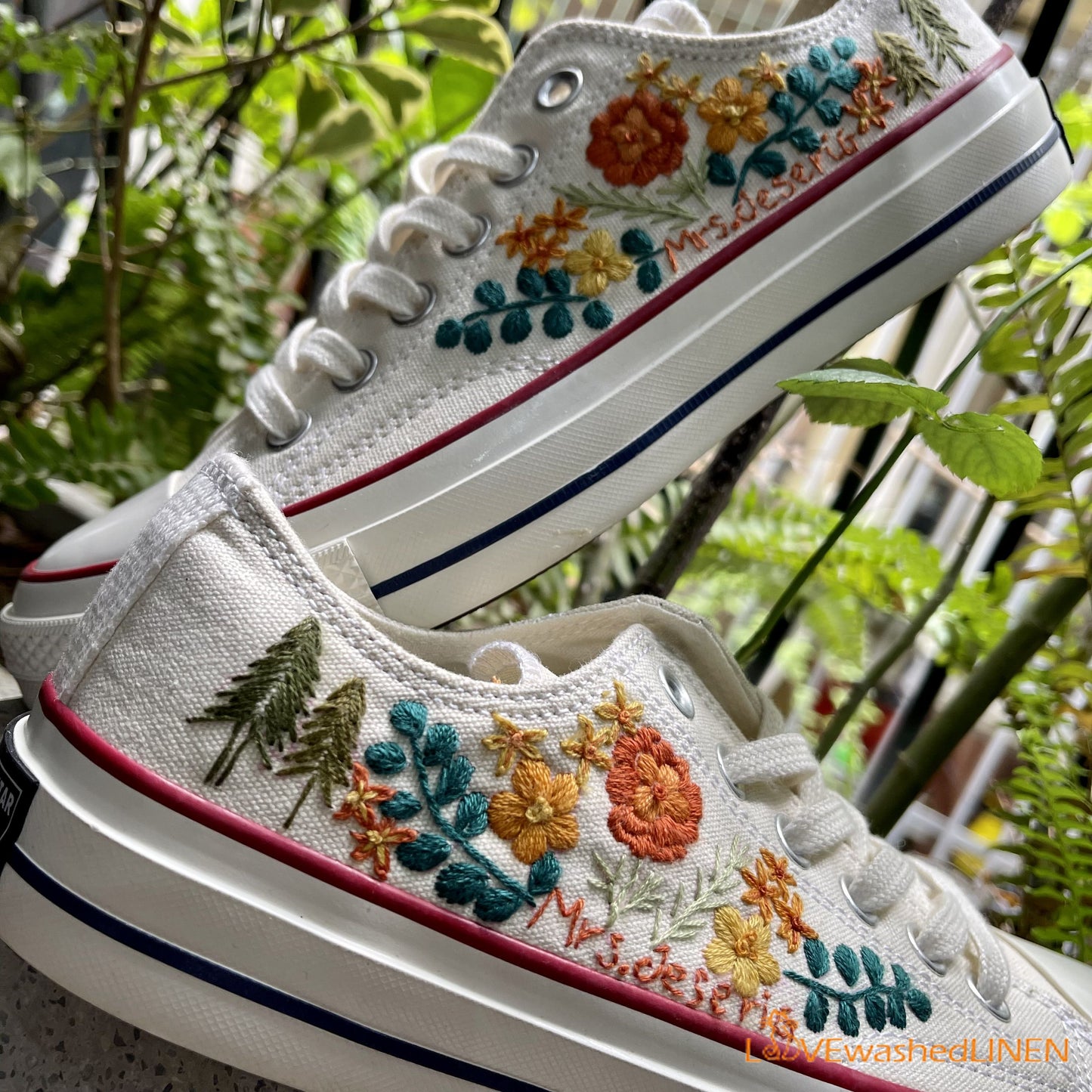 Custom Converse Chuck Taylor Embroidered / Wedding Flowers Embroidered Converse Low Tops / Wedding Pines Embroidered Sneakers