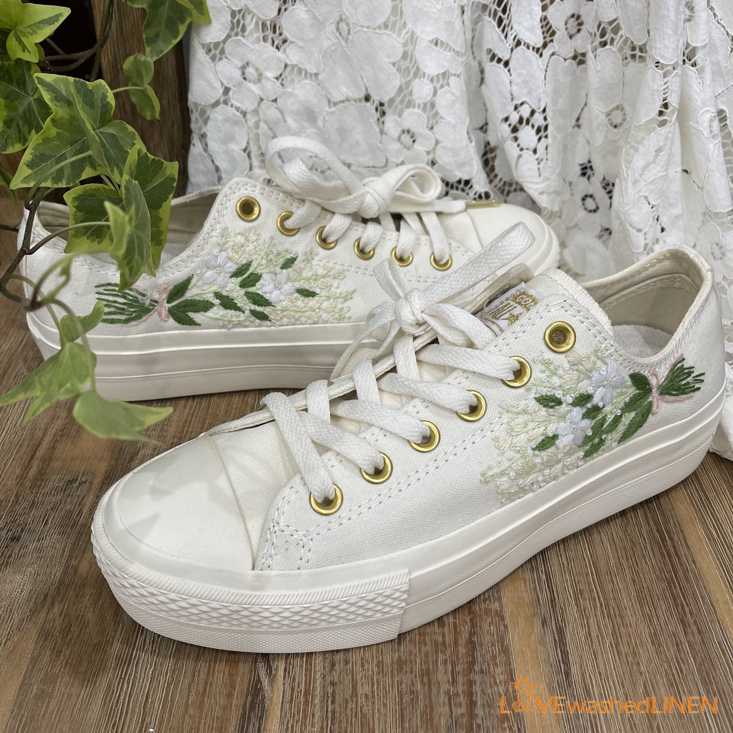 Custom Coverse Platform/ Wedding Flowers Embroidered Converse/ Bridal Flowers Embroidered Sneakers/ Lily of the Valley Embroidered Sneakers