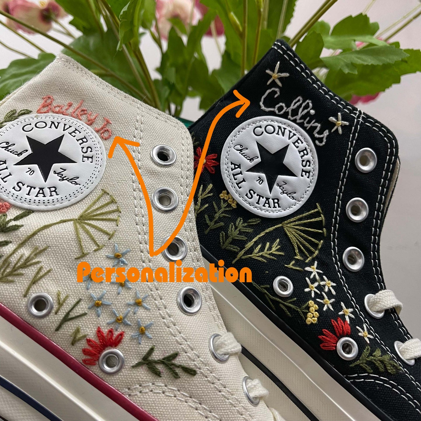 Custom Embroidered Converse High Tops Chuck Taylor 1970s/ Wedding Dahlia Flower Embroidered Converse/Wedding Embroidered Dahlia Sneakers