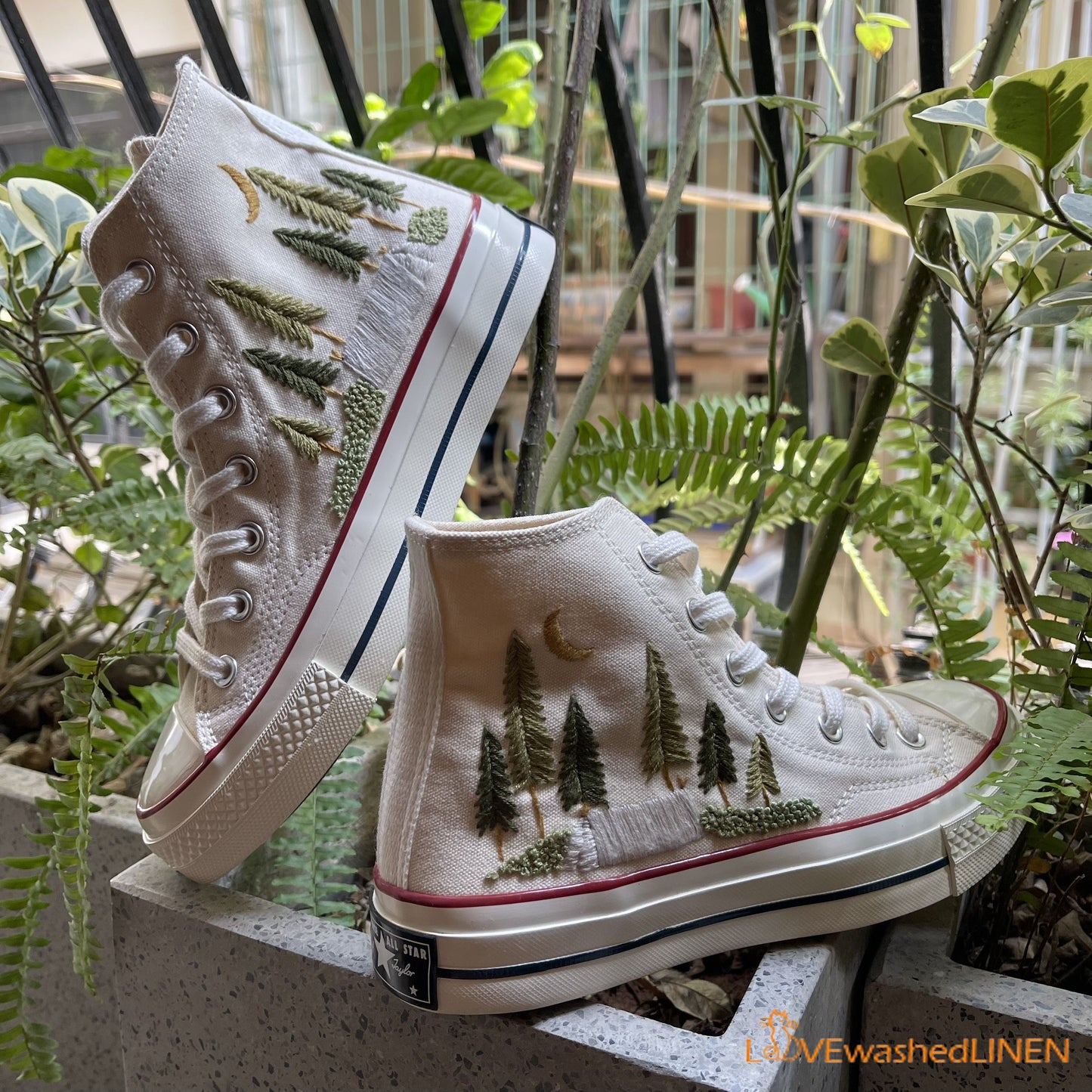 Custom Converse Chuck Taylor Embroidered Pine Trees/ Embroidered Converse Custom Wedding Embroidered Shoes/ Wedding Embroidered Sneakers