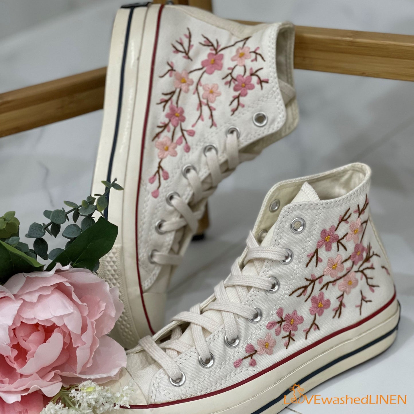 Custom Embroidered Converse High Tops Chuck Taylor 1970s/ Oriental Plum Blossom Converse/ Custom Converse Chuck Taylor Blossom Embroidered