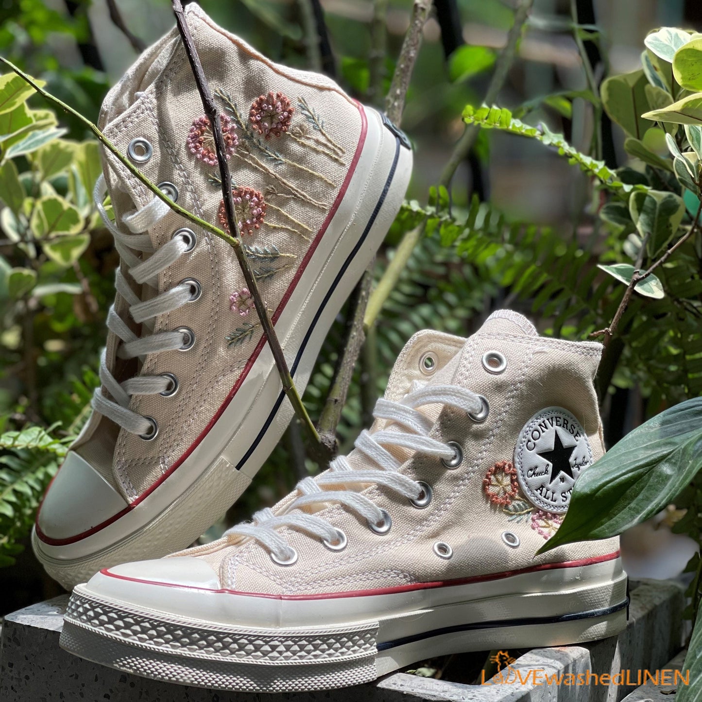 Custom Embroidered Converse/ Custom Converse Chuck Taylor Embroidered Pink Dandelion Flower/ Embroidered Converse High Tops