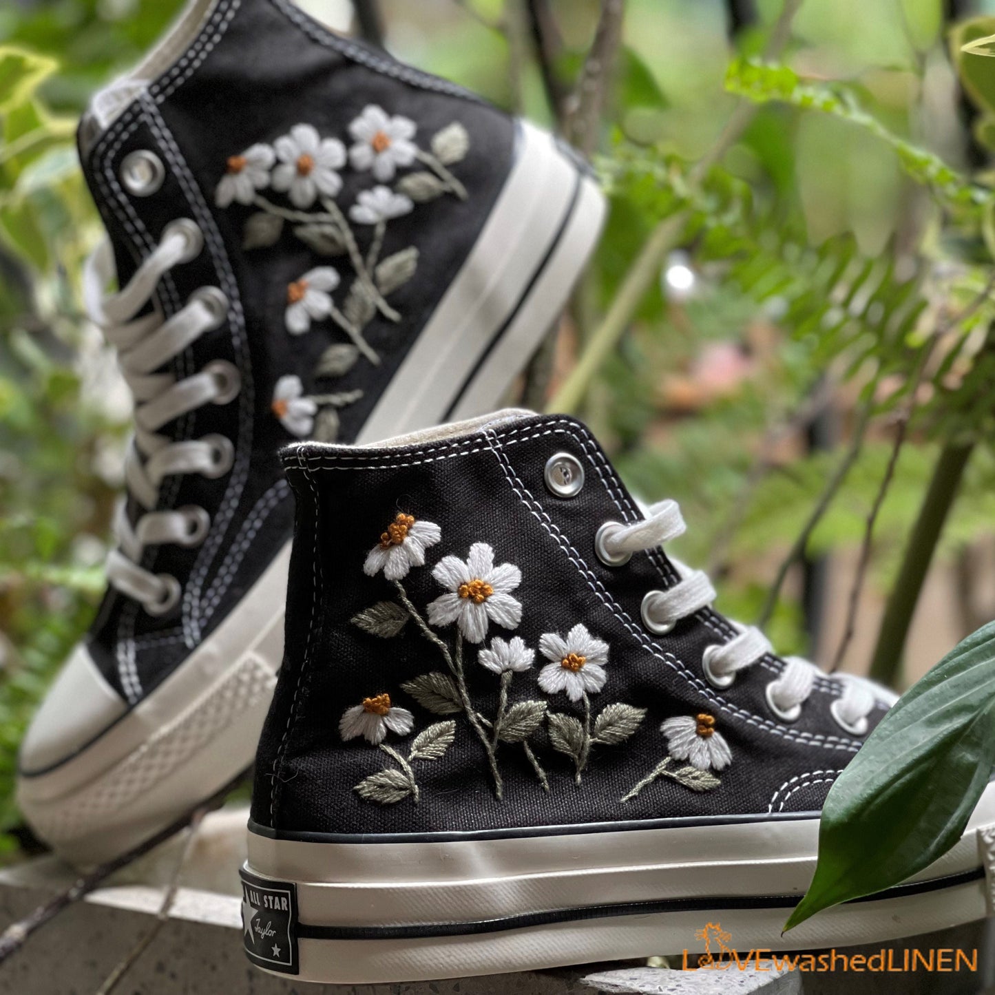 Custom Embroidered Converse High Tops/ Custom Converse Chuck Taylor 1970s Embroidered Daisy Flower/ Wedding sneakers/ Wedding Gift