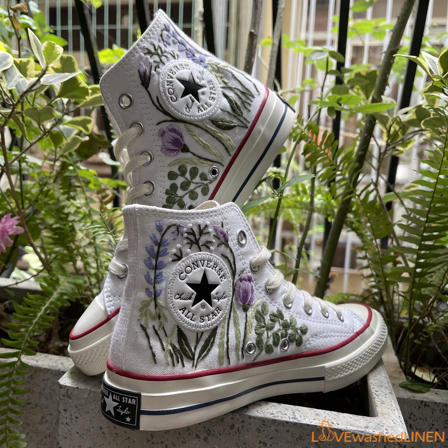 Custom Embroidered Converse High Tops Chuck Taylor 1970s/ Hand Embroidered Wedding Bouquet Converse/ Embroidered Wedding Bouquet Sneakers