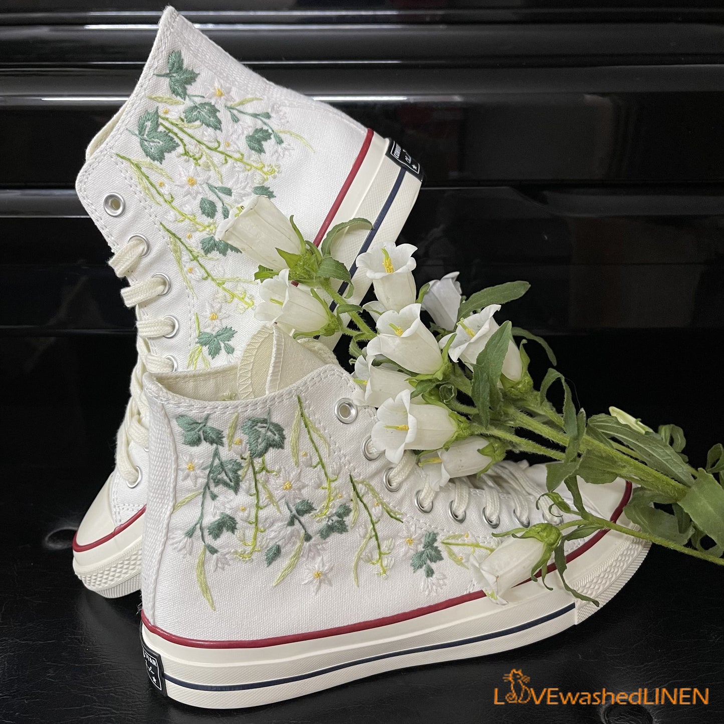 Custom Coverse Platform/Wedding Flowers Embroidered Converse/Bridal Flowers Embroidered Sneakers/Lily of the Valley Embroidered Sneakers