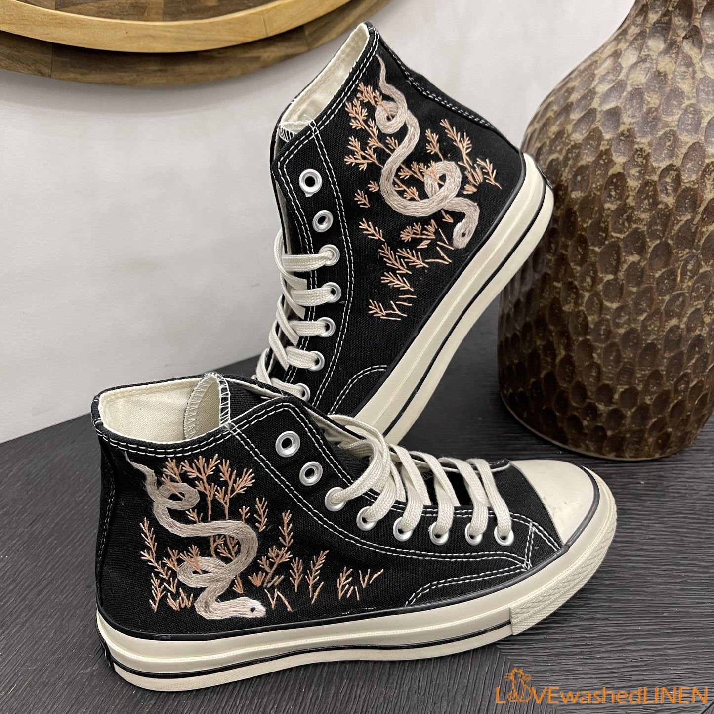 Custom Embroidered Converse High Tops Chuck Taylor 1970s/ Embroidered Snake Converse/ Custom Converse Chuck Taylor Embroidered Snake